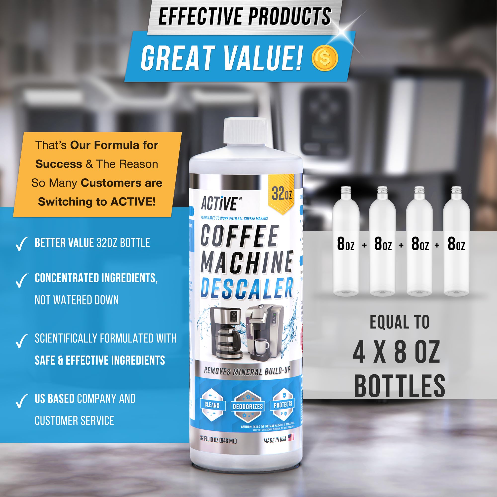 ACTIVE desincrustante 32oz facilita el mantenimiento regular de la cafetera.