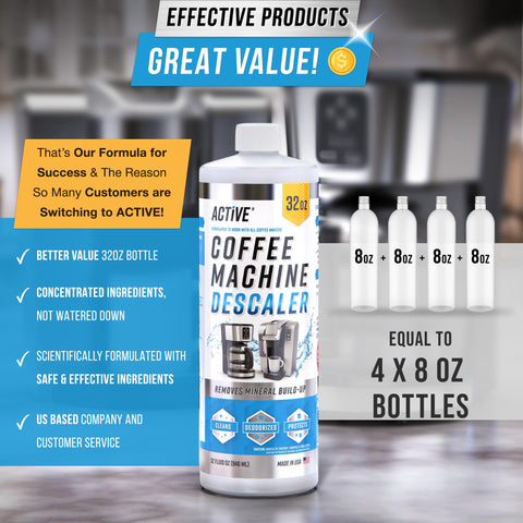 ACTIVE desincrustante 32oz facilita el mantenimiento regular de la cafetera.