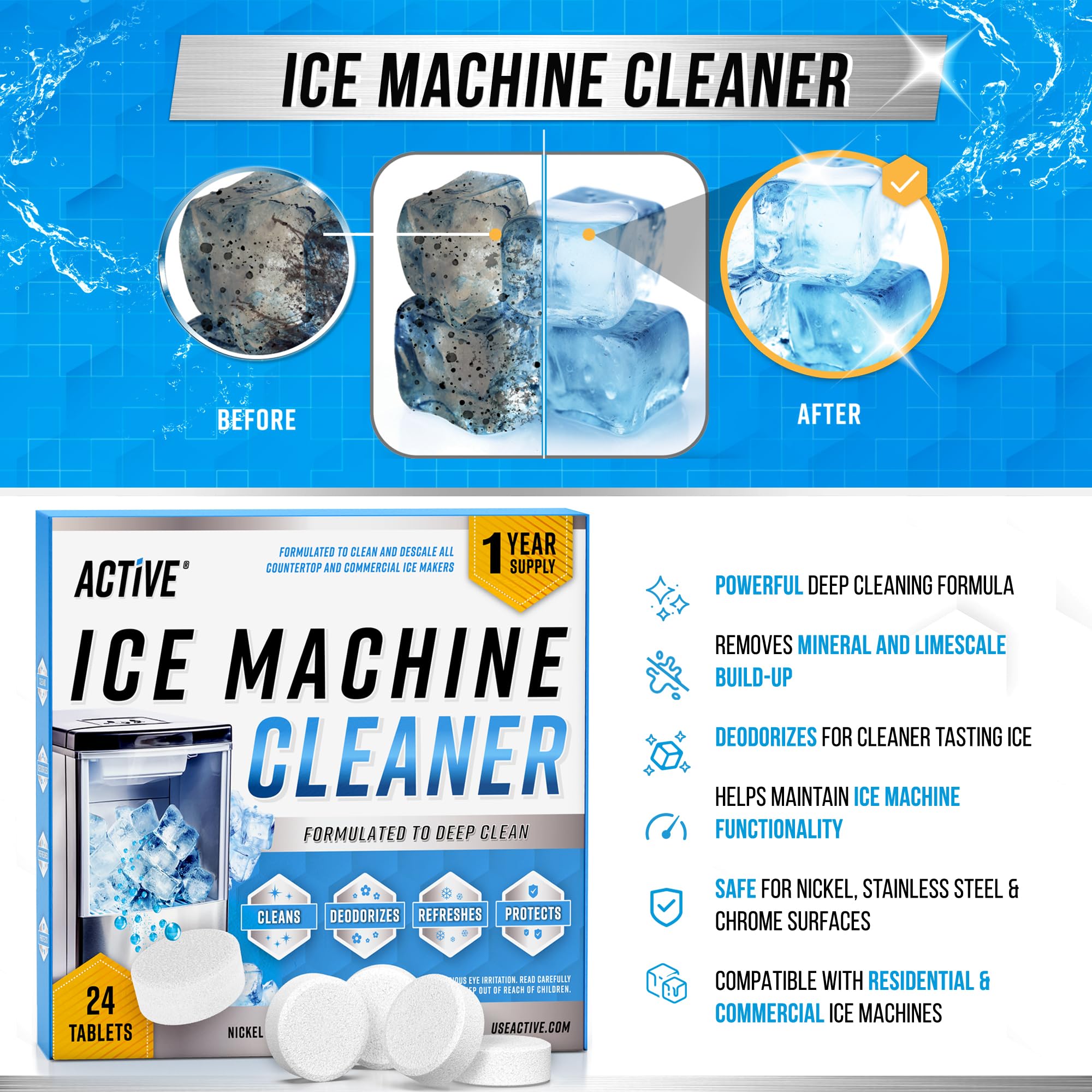 ACTIVE tabletas desincrustantes níquel-seguras para hielo, protegen componentes.