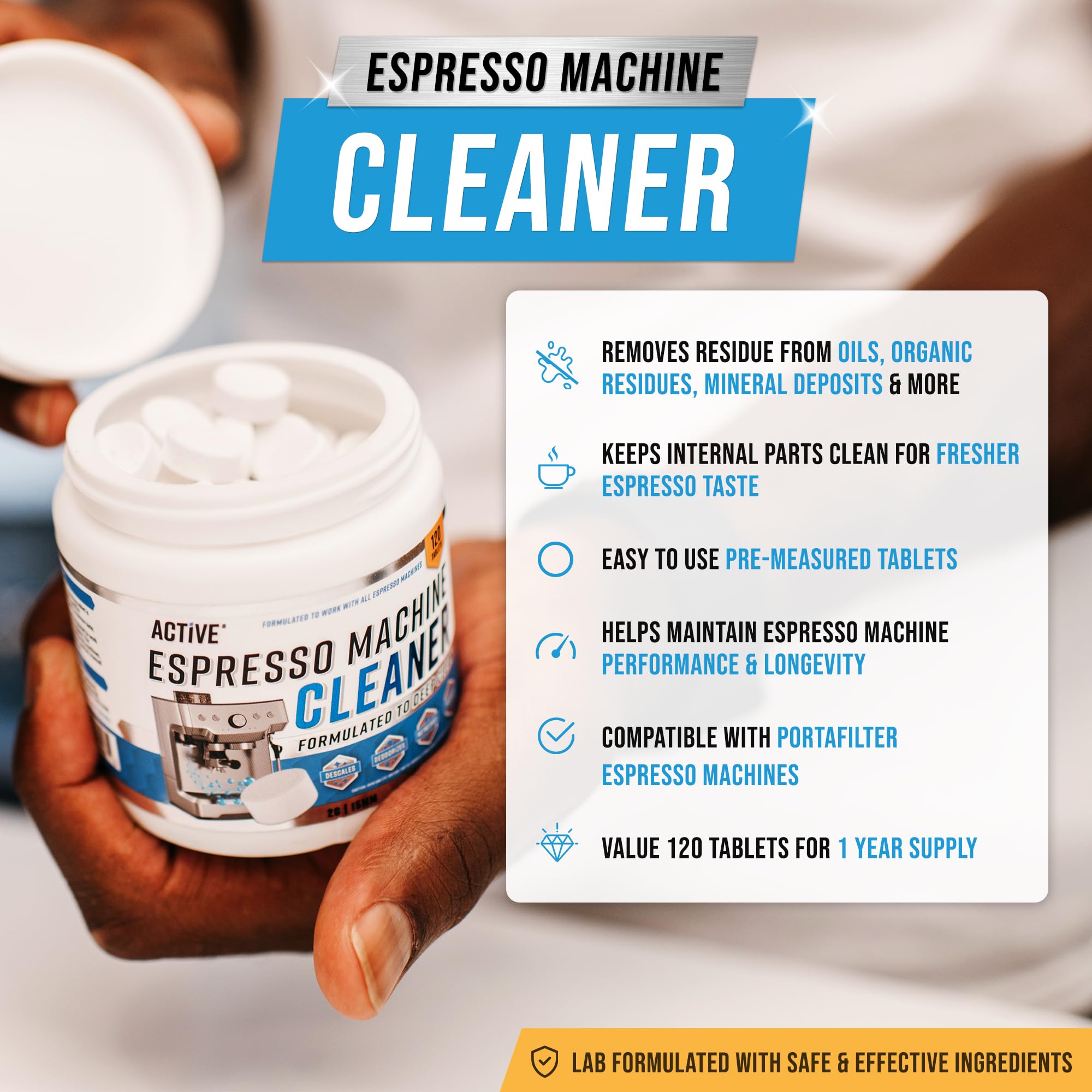 ACTIVE tableta de limpieza para espresso, compatible con numerosas máquinas, facilita el mantenimiento.