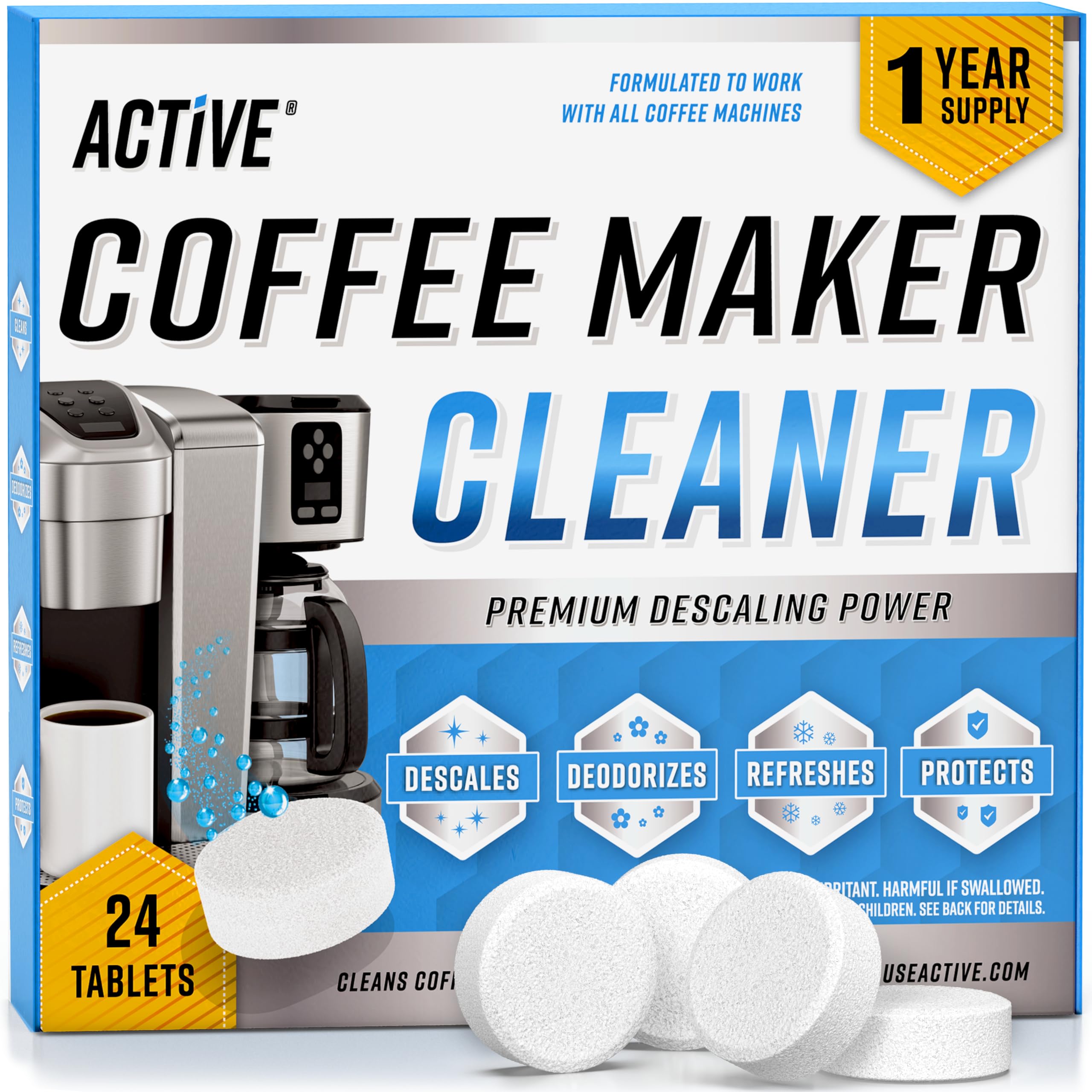 ACTIVE tableta descalcificante para cafetera: depósito limpio y sabor consistente.
