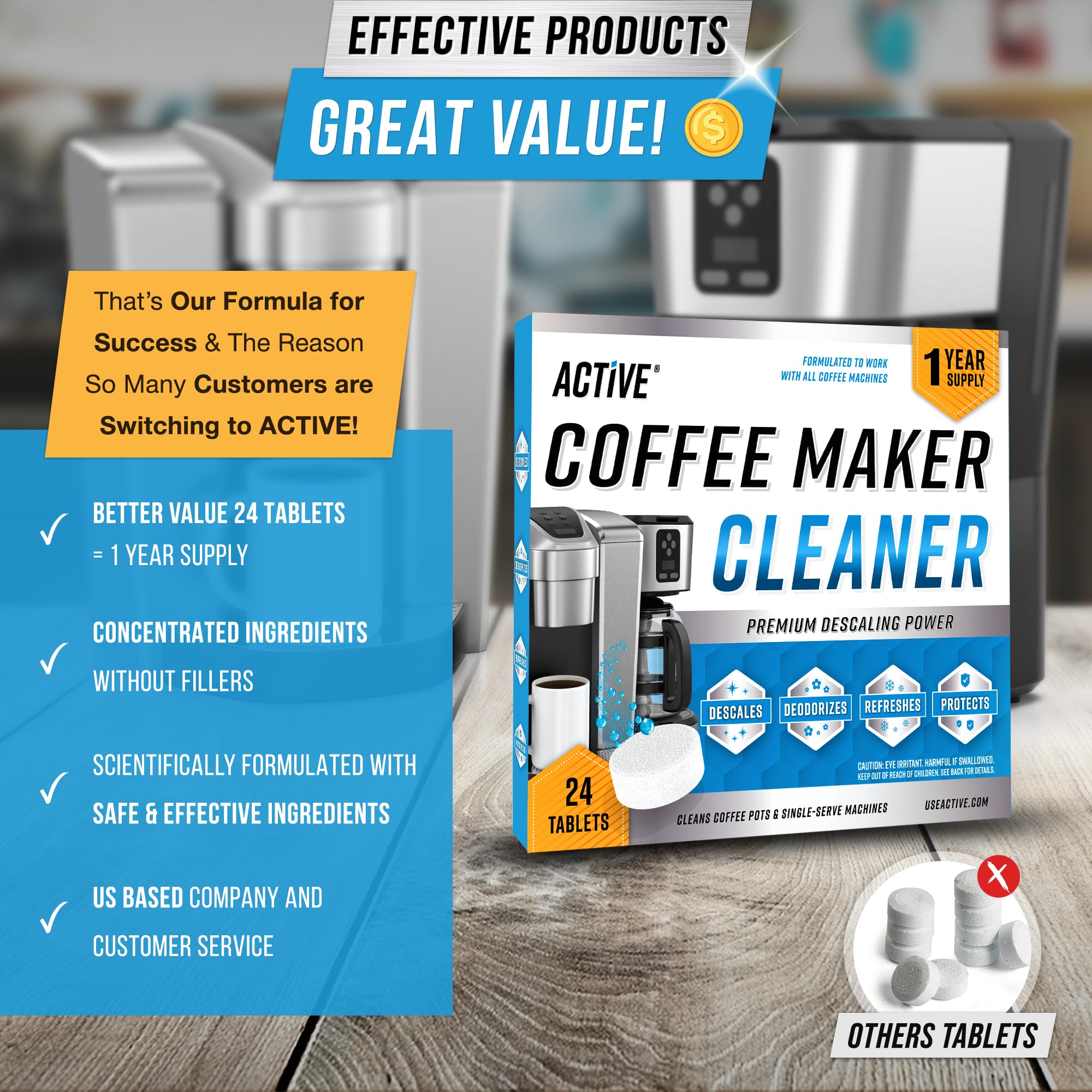 ACTIVE tableta descalcificante para cafetera, descalcificación que mantiene el rendimiento.