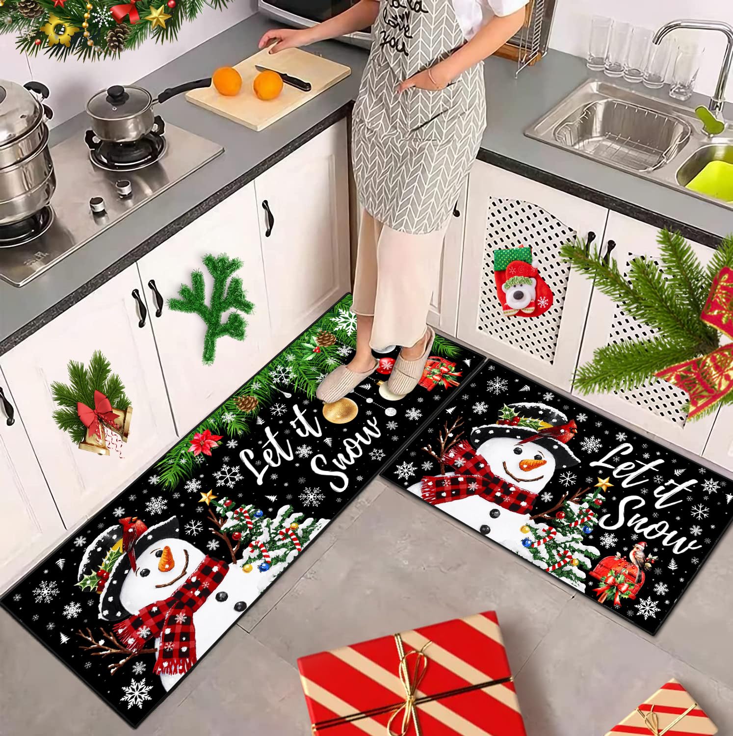 ACZHHZC Let It Snow: detalle de figuras navideñas en la alfombra