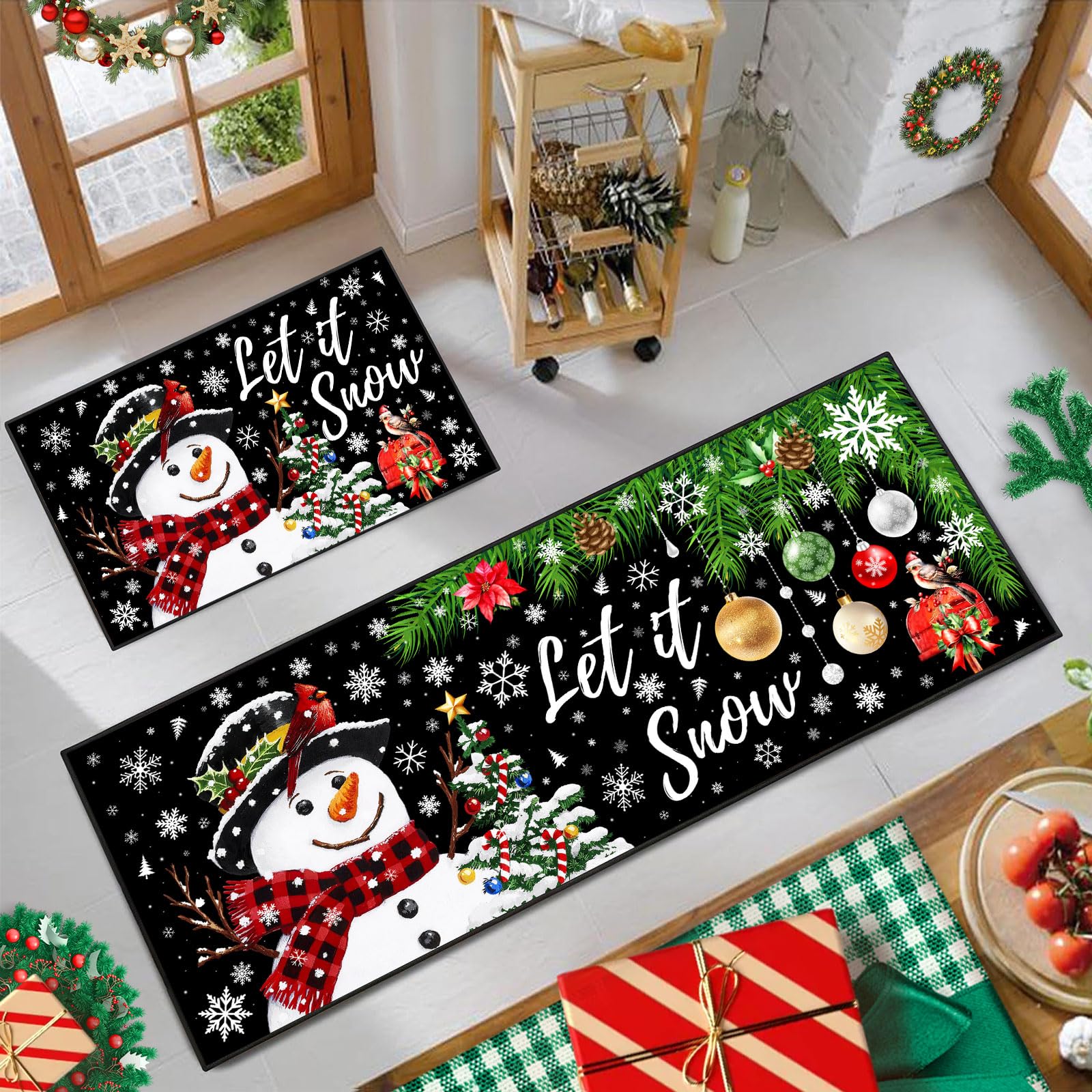 ACZHHZC Let It Snow: alfombra navideña para cocina con árbol y bolas, ideal para fiestas