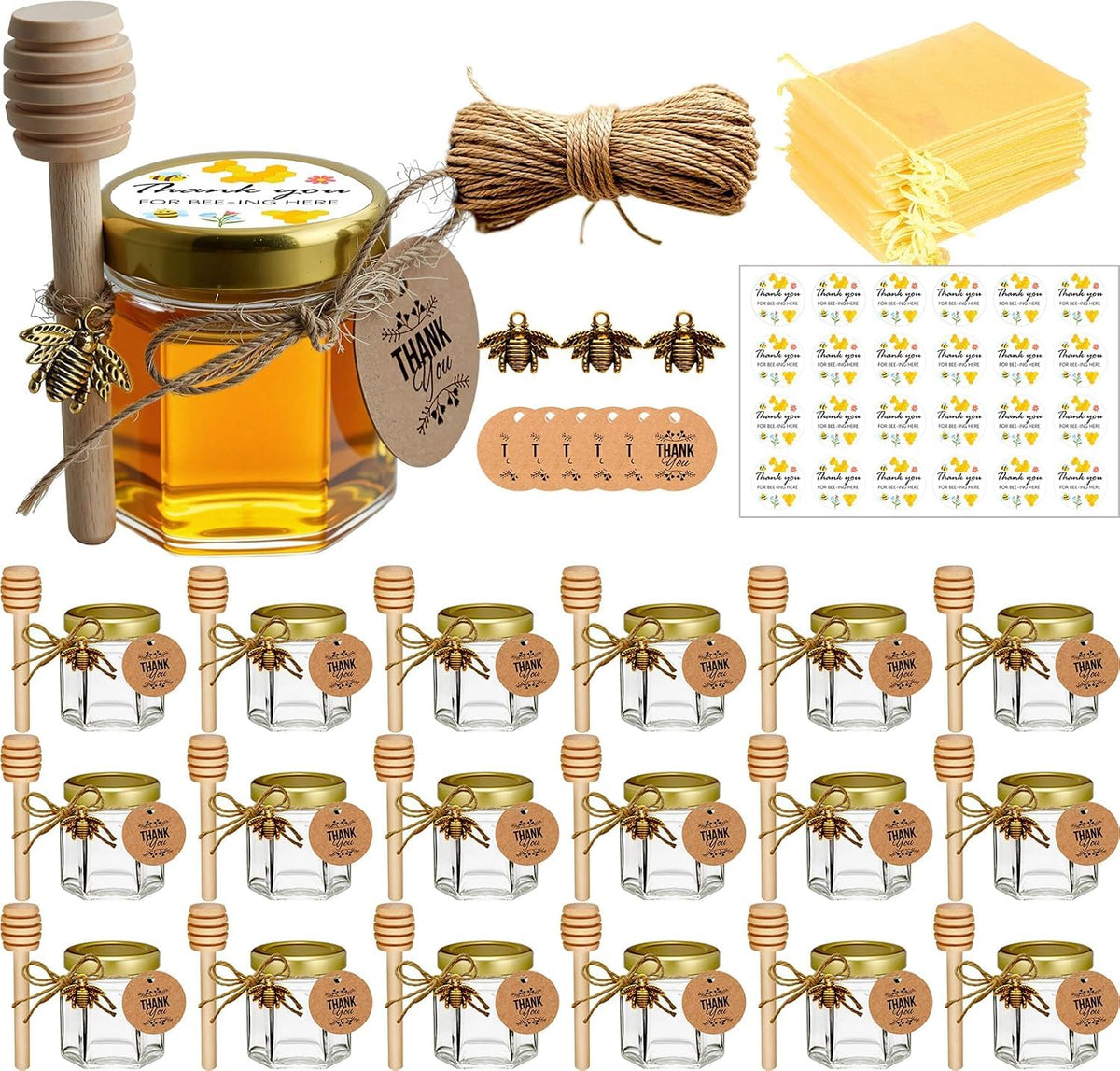 Frascos de miel Adabocute hexagonales con tapas doradas, ideales para regalos elegantes.