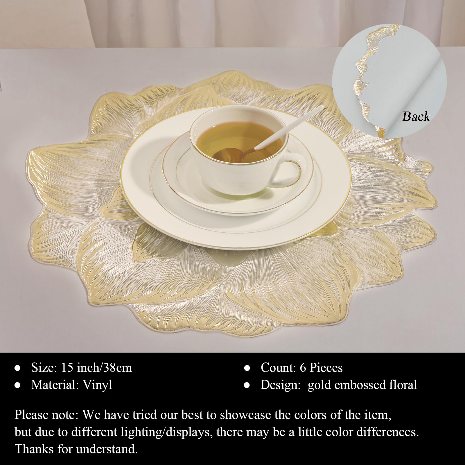 Conjunto de 6 manteles dorados AdasBridal para servicio coordinado.