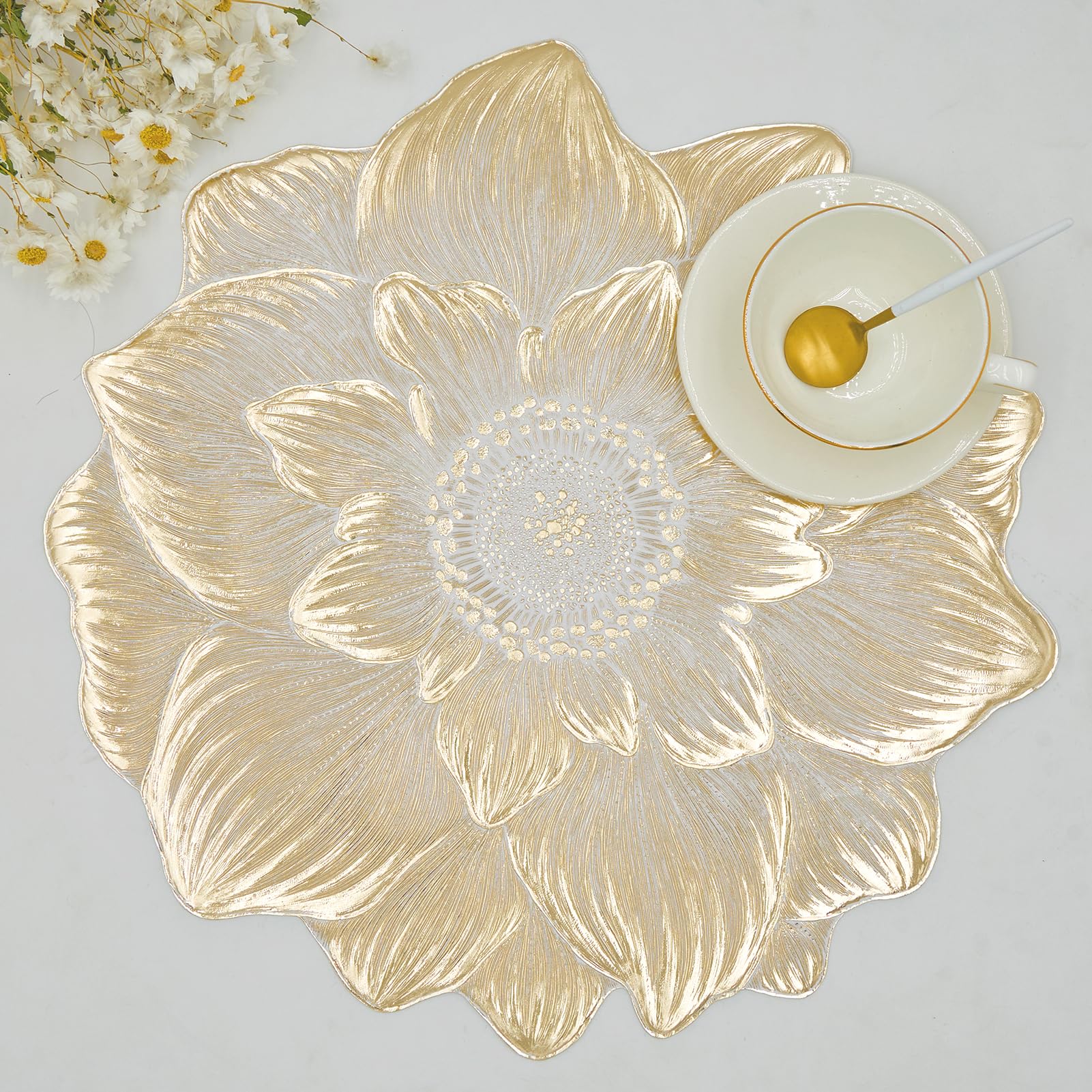 Manteles dorados AdasBridal con flor 3D para cenas elegantes.