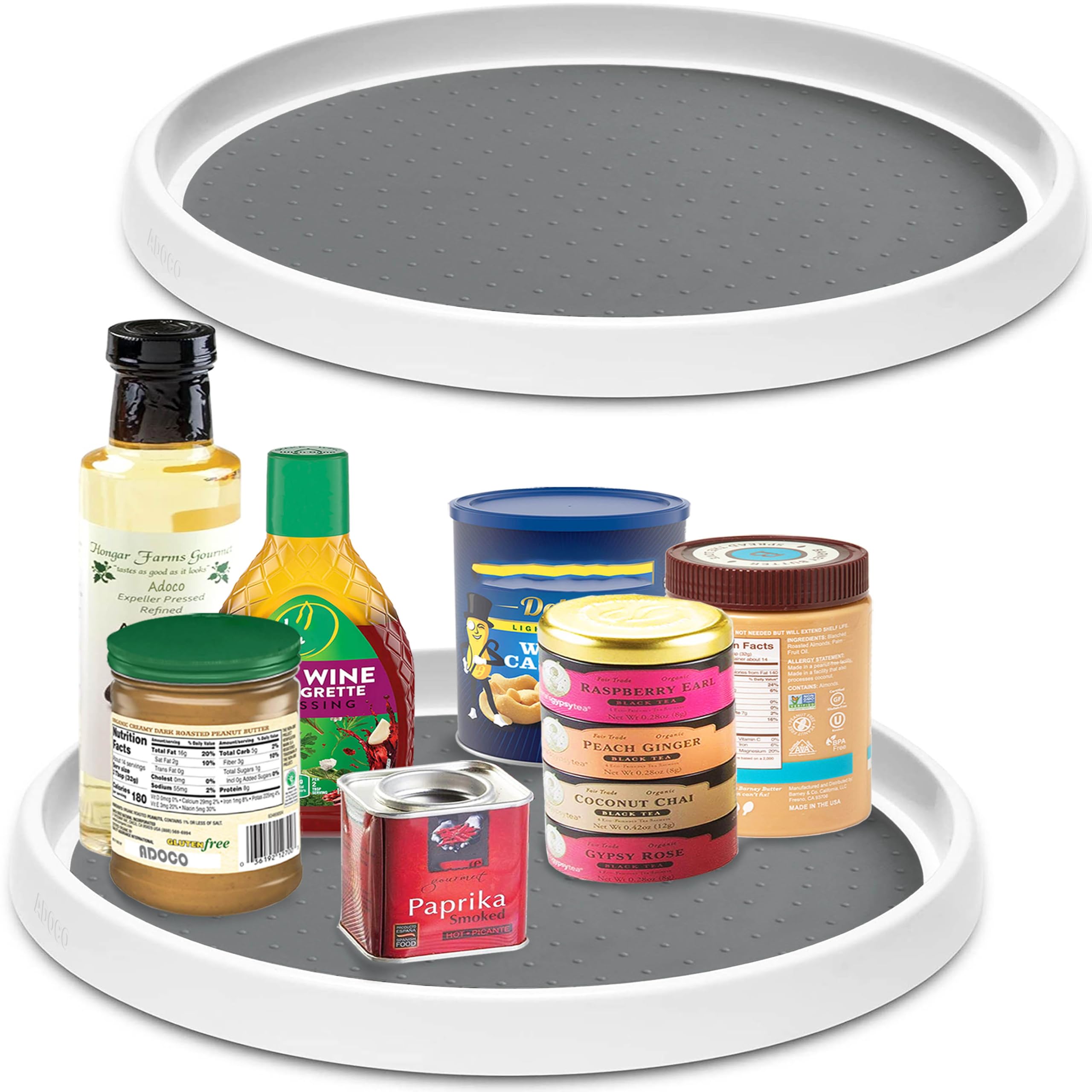 Adoco Lazy Susan de 12 pulgadas muestra botellas ordenadas para acceso rápido.