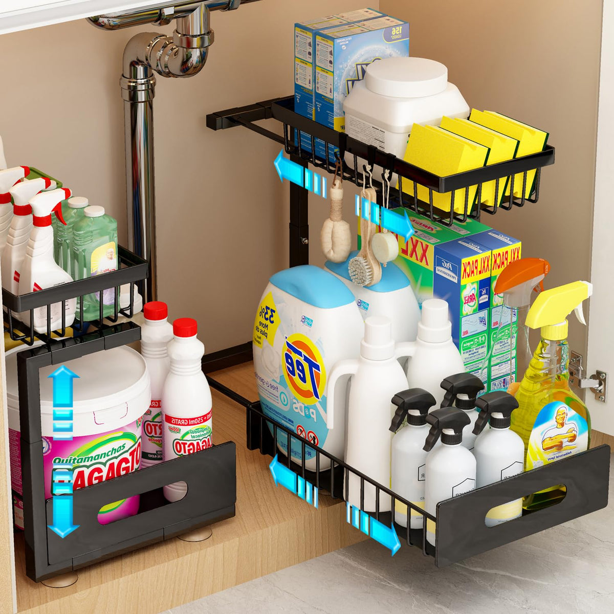 Organizador Adoymiro bajo lavabo deslizante para ordenar utensilios y productos de limpieza.