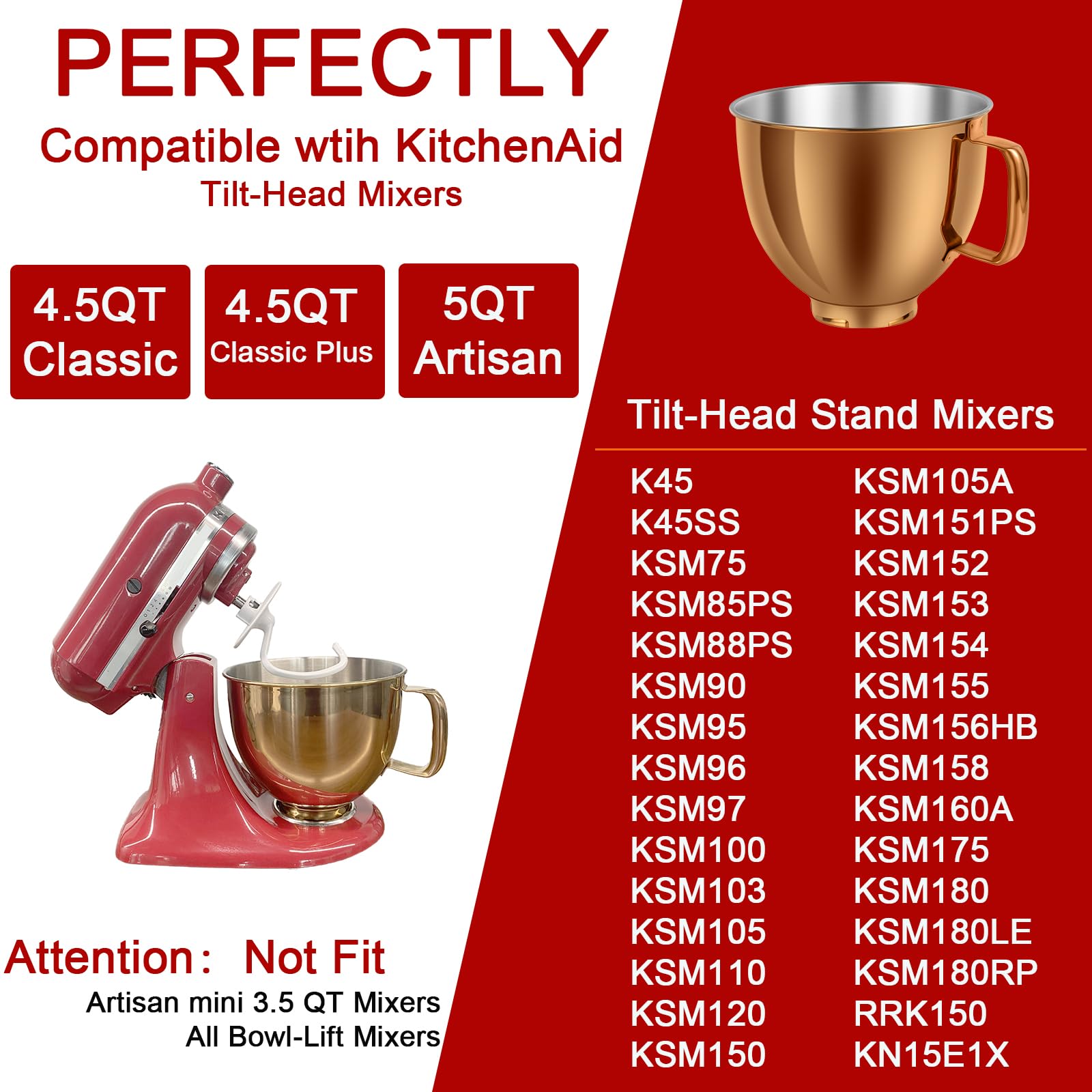 Adwrparts tazón 5qt, diseño compatible con KitchenAid para reemplazo fiable
