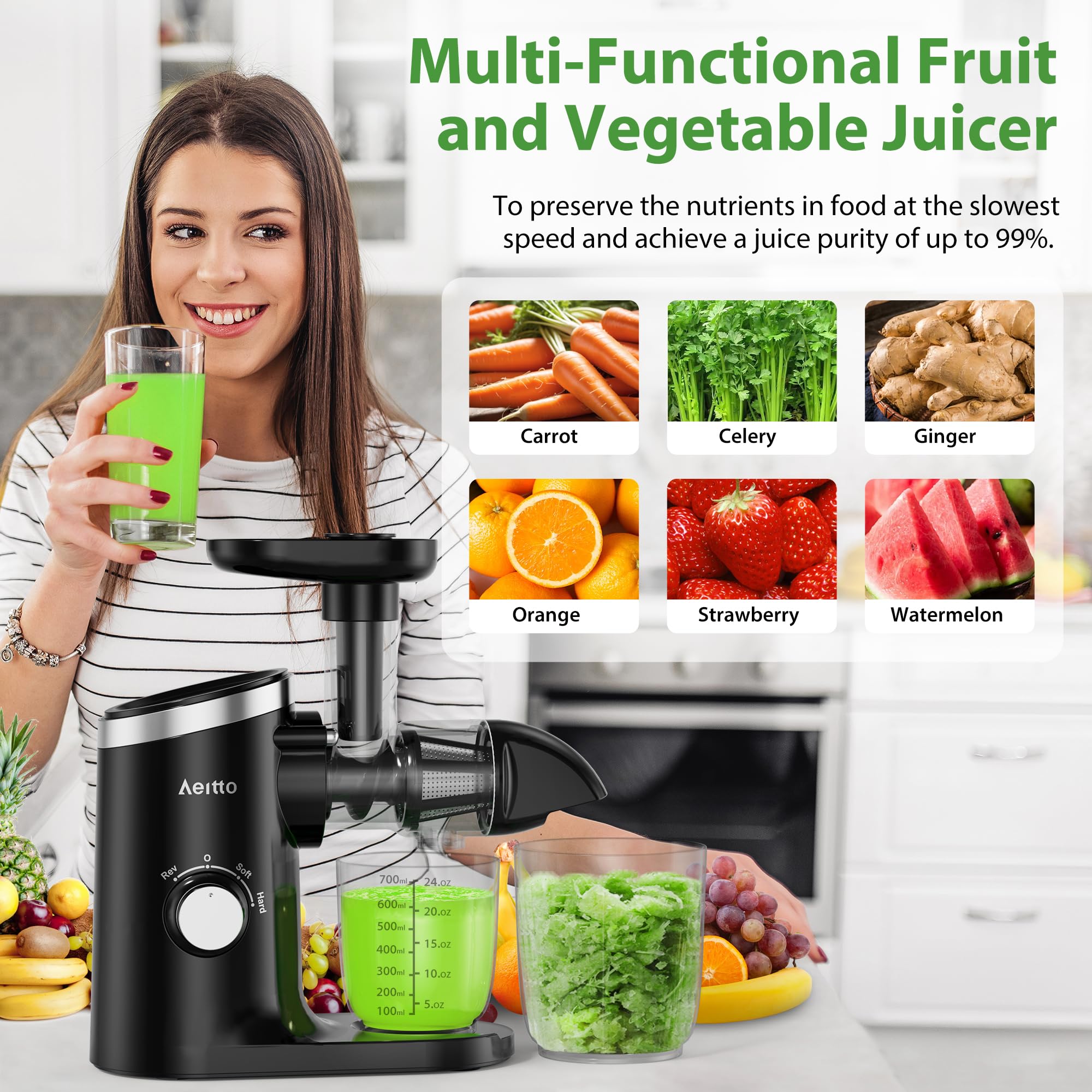 Licuadora Aeitto con sistema de 3 modos para diferentes frutas.