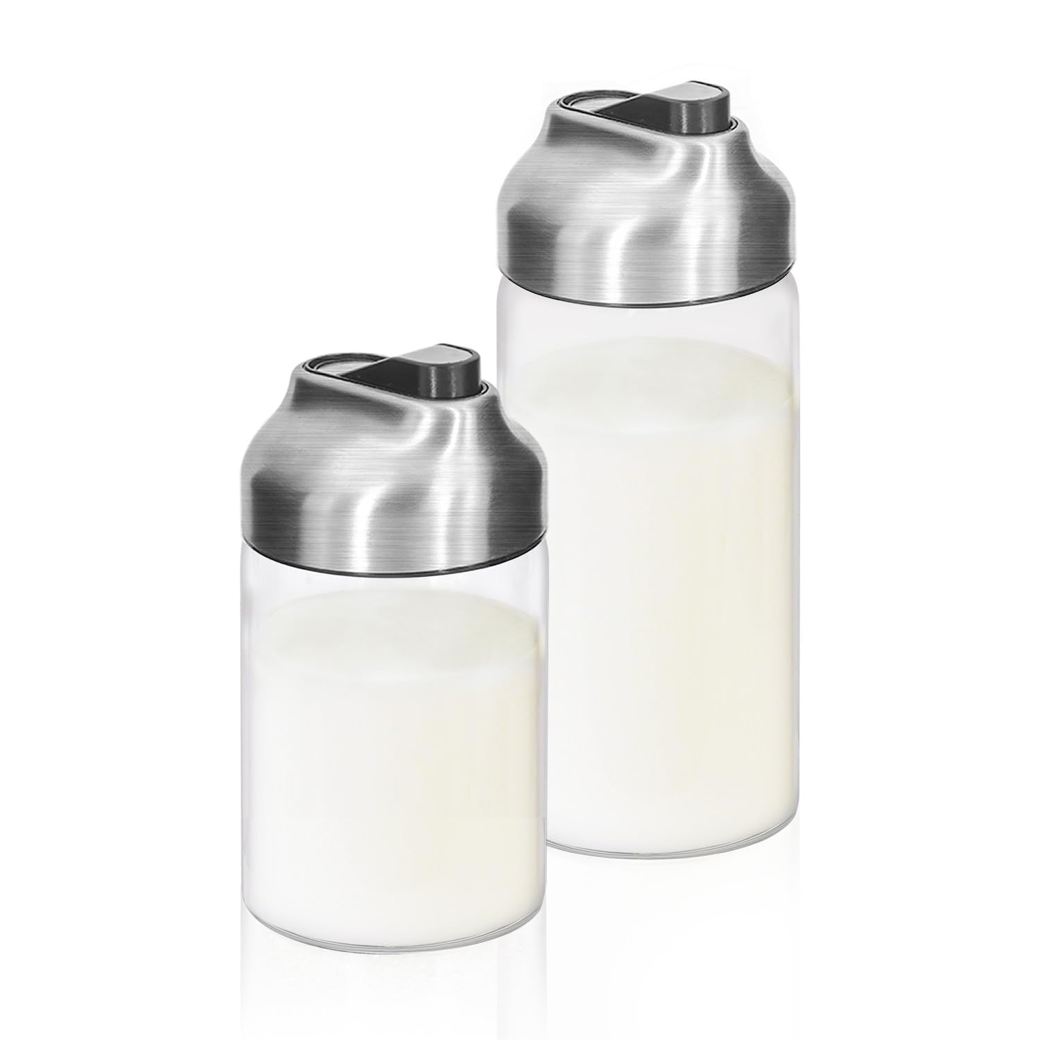 Dispensadores de vidrio Aelga 7oz y 12oz en conjunto, ideales para una mesa elegante.