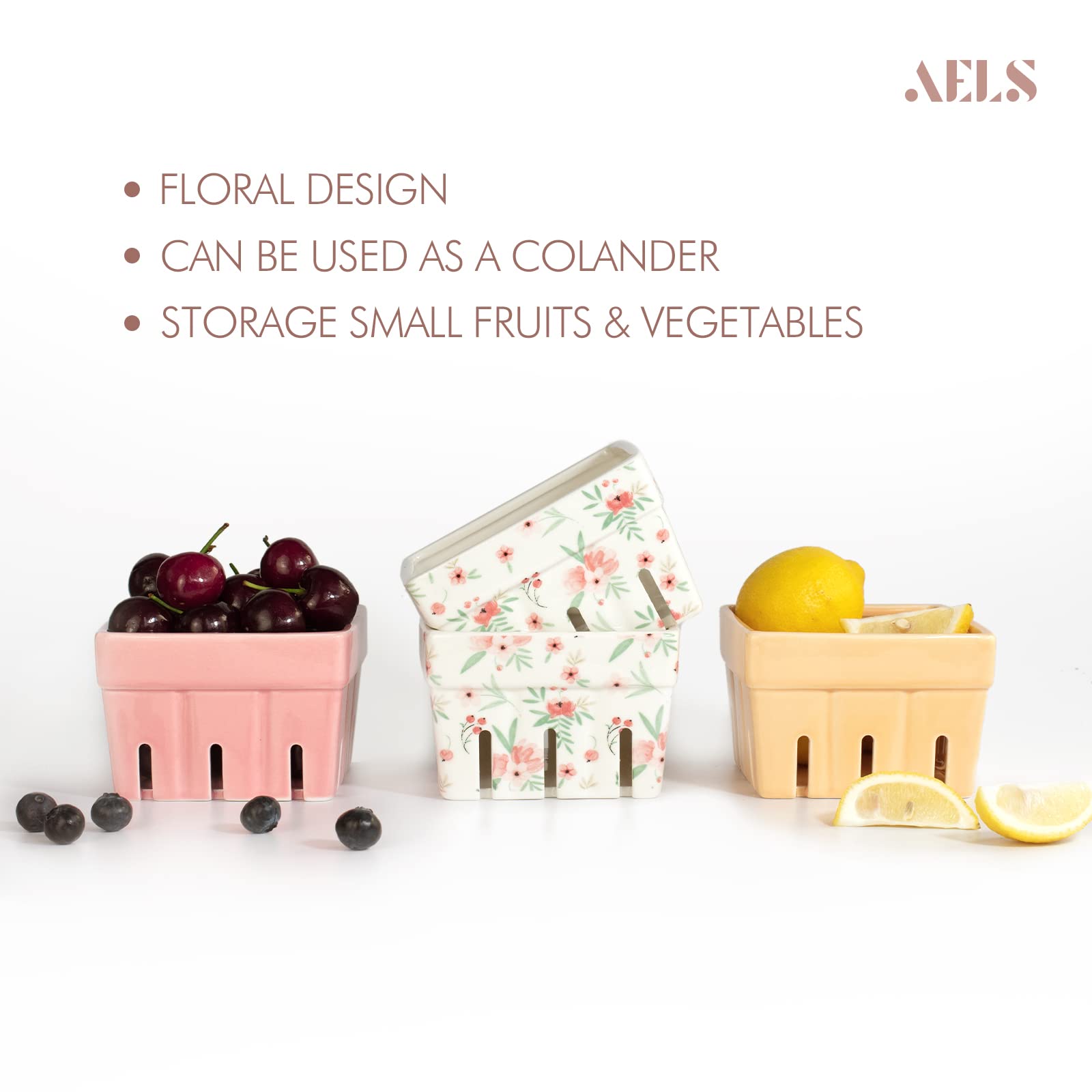 Cesta AELS para exhibir frutos con elegante patrón rosa floral.