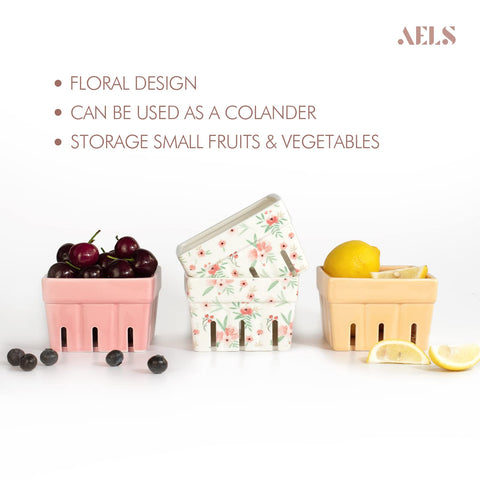 Cesta AELS para exhibir frutos con elegante patrón rosa floral.