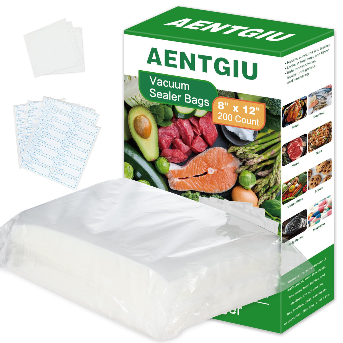 Bolsas AENTGIU 8x12, frente de 4 mil, para sellado eficaz de alimentos