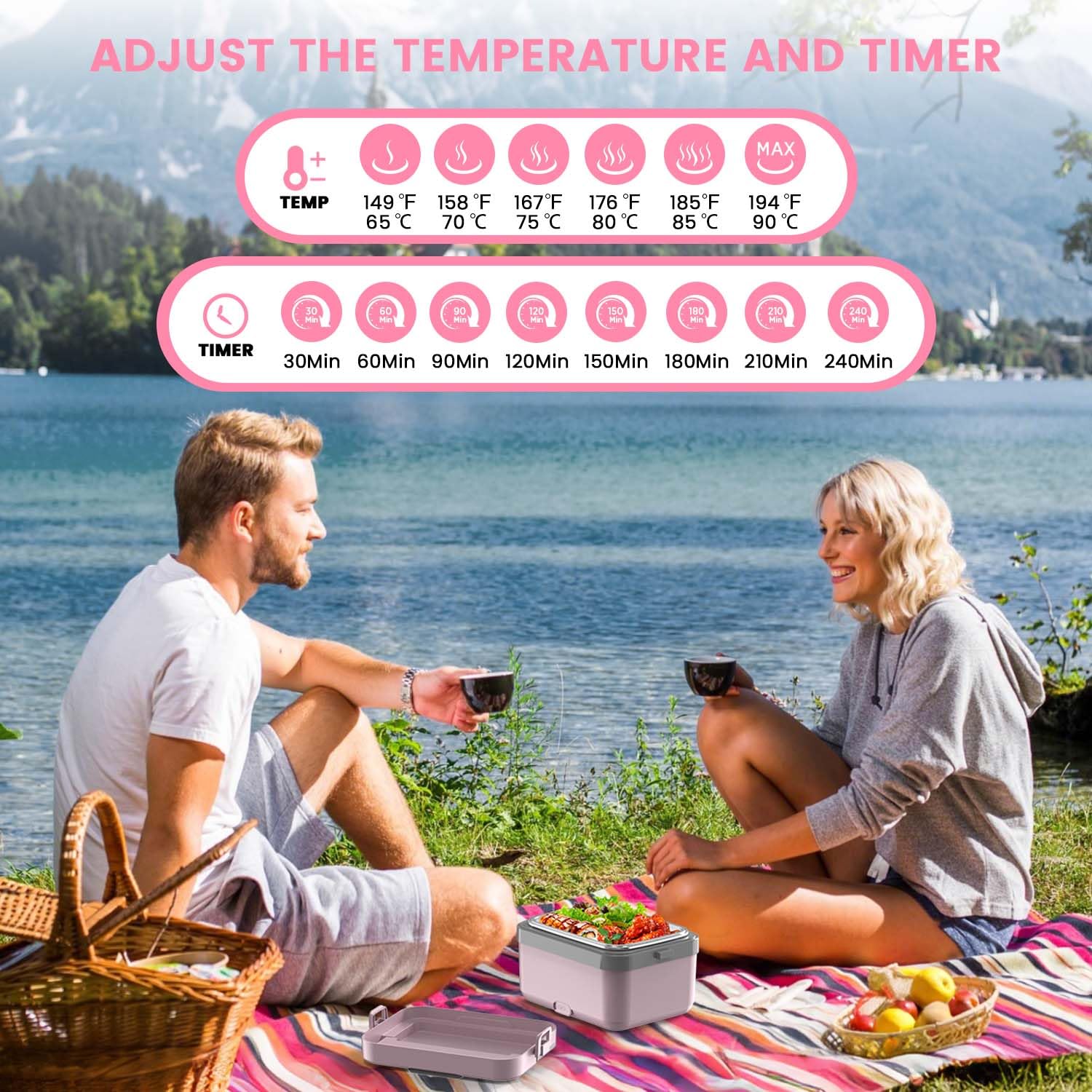 Rango de calor de AERKINE 65–90 °C para comidas calientes.