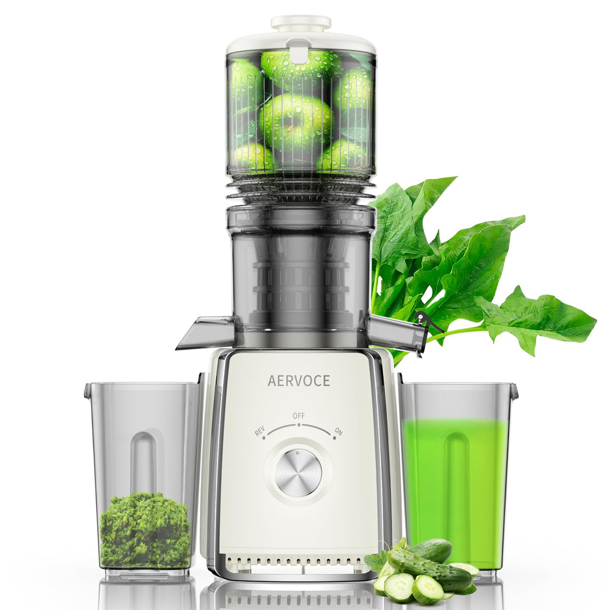 Licuadora AERVOCE prensado en frío, boca de alimentación amplia para frutas enteras.