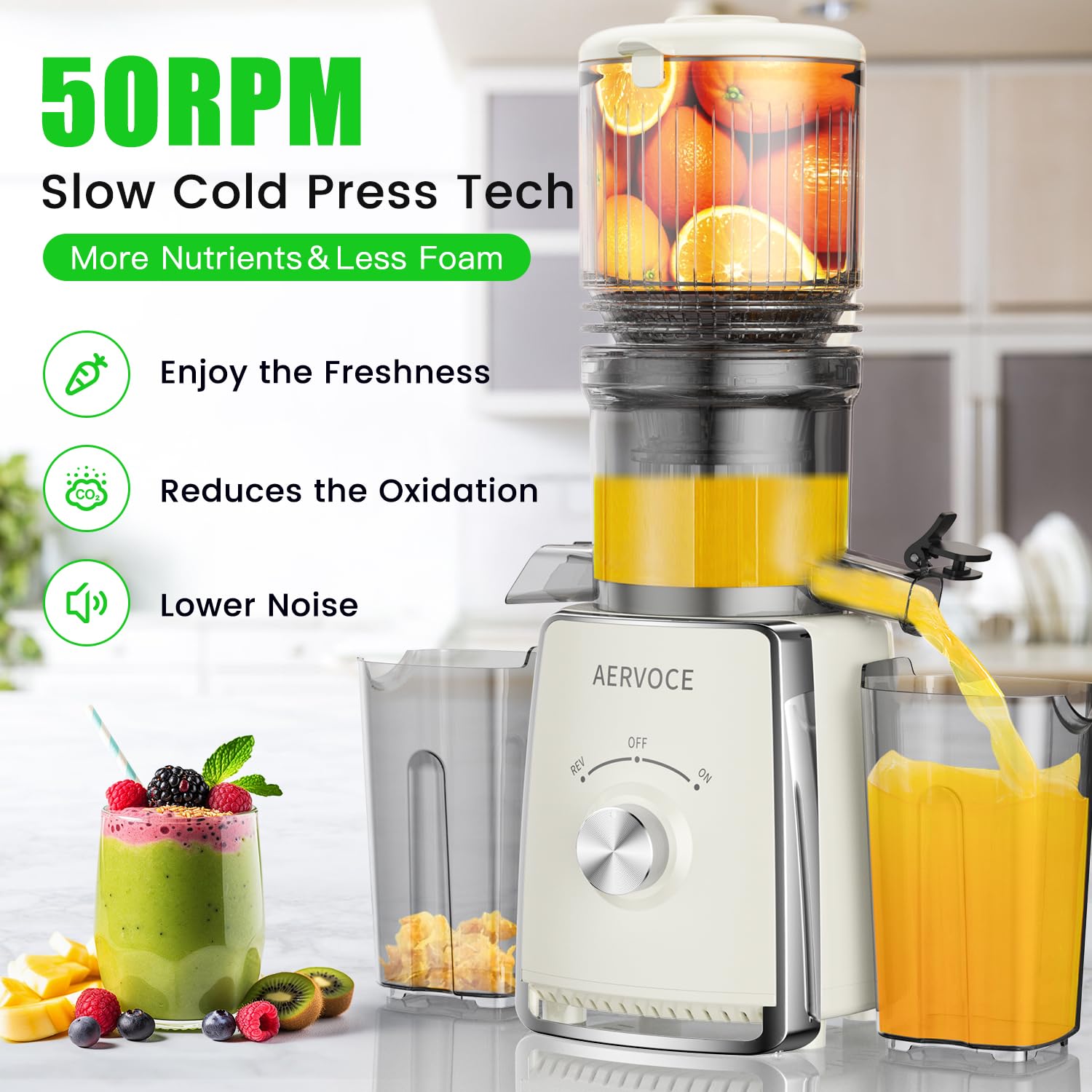 Licuadora AERVOCE prensado en frío, motor de 300 W para jugos rápidos.