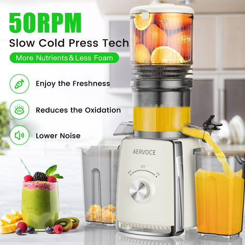Licuadora AERVOCE prensado en frío, motor de 300 W para jugos rápidos.