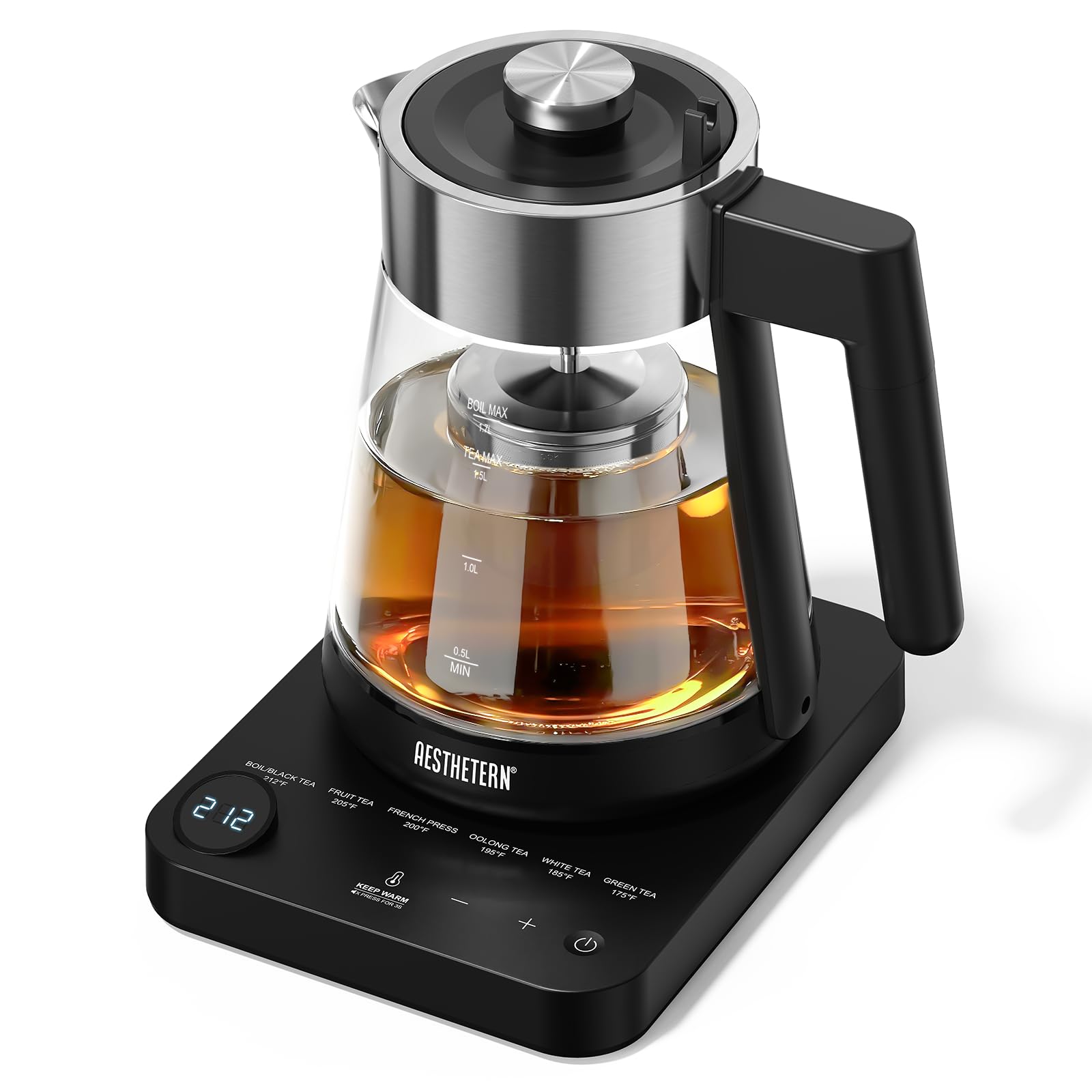 Hervidor eléctrico Aesthetern con infusor 1.7L, frente, hervido rápido para té