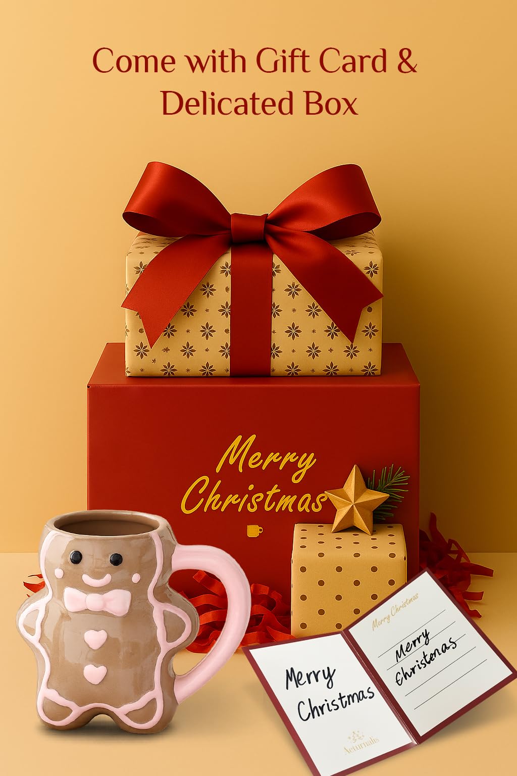 Caja regalo roja junto a la taza Aeturnalis, lista para regalar.