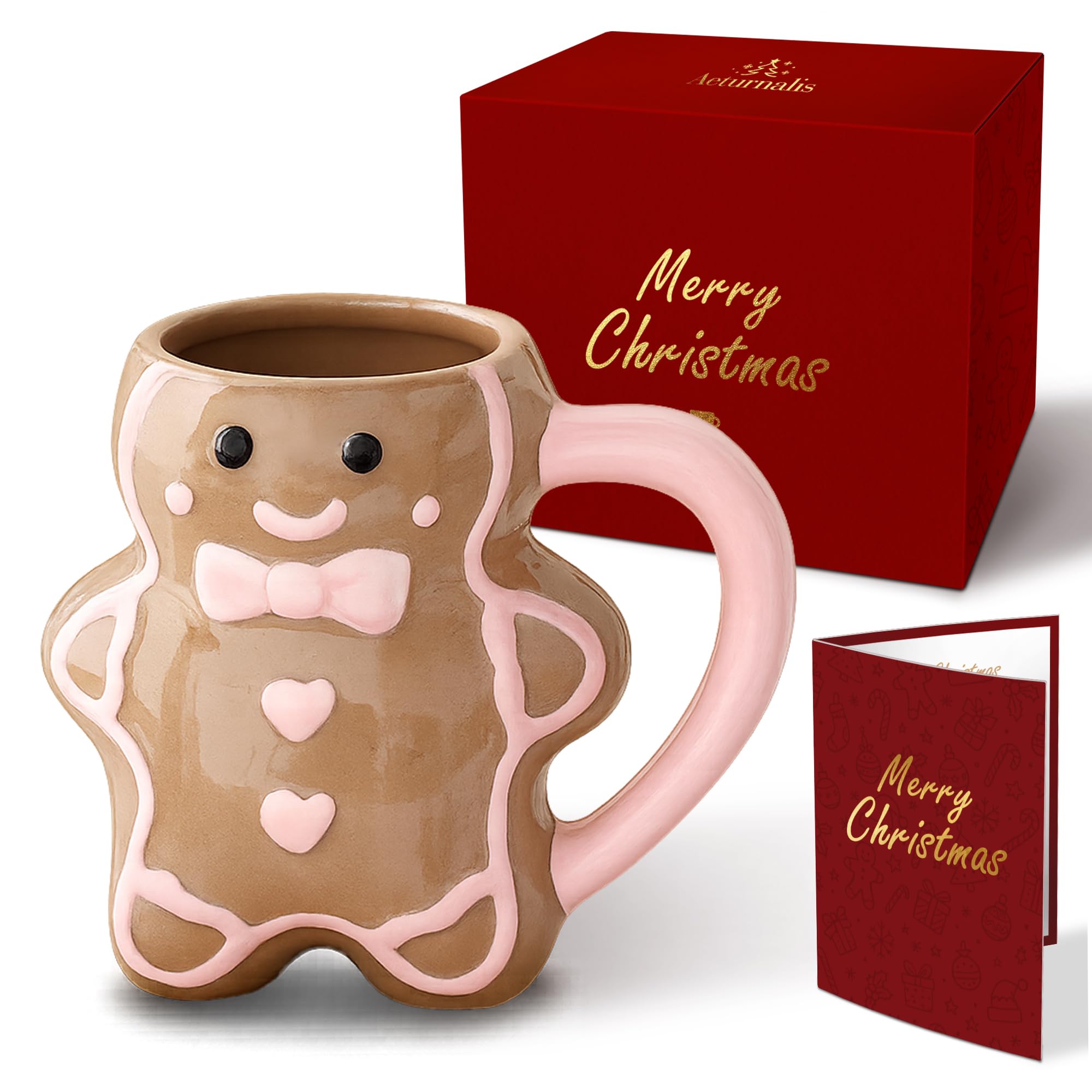 Taza Aeturnalis navideña con hombre de pan de jengibre, ideal para desayunos festivos.