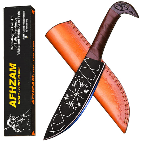 Afhzam cuchillo vikingo con cabeza de cuervo y funda de cuero, listo para uso al aire libre.