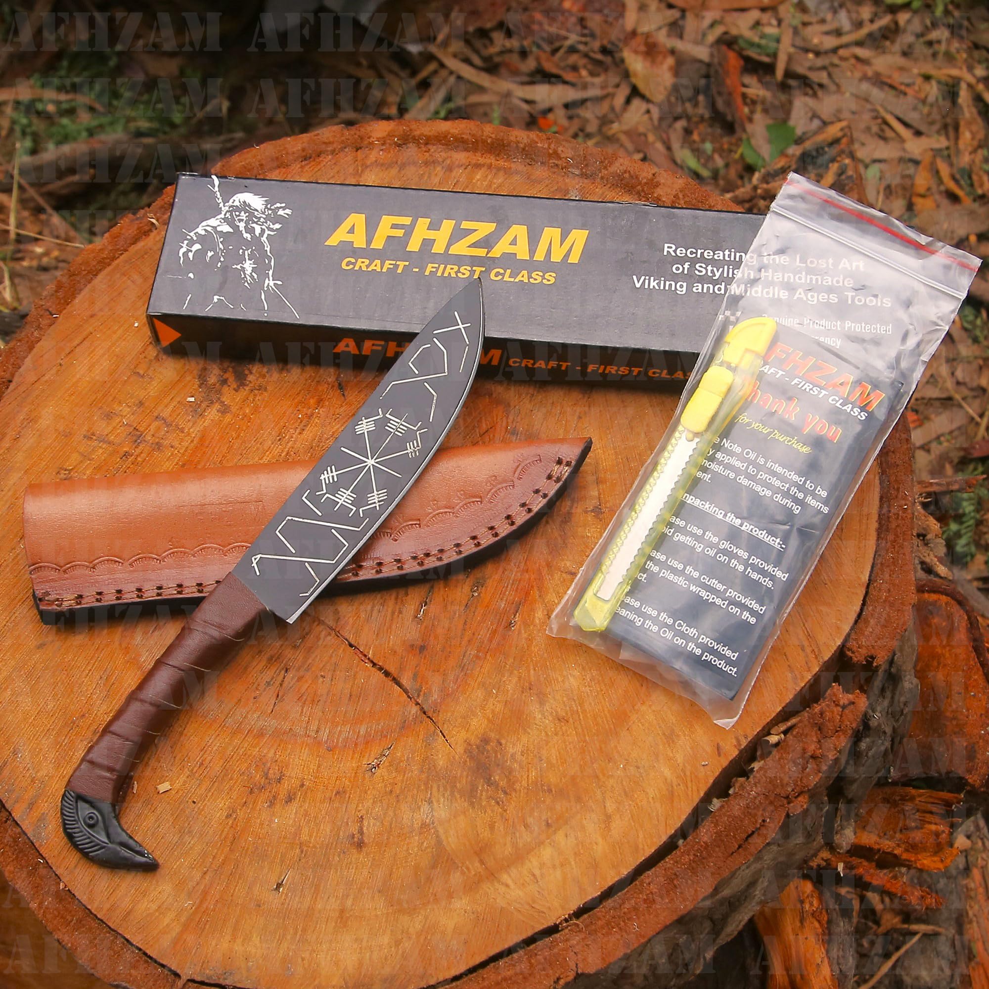 Afhzam cuchillo vikingo con grabados de runas en dos caras para un toque artesanal.