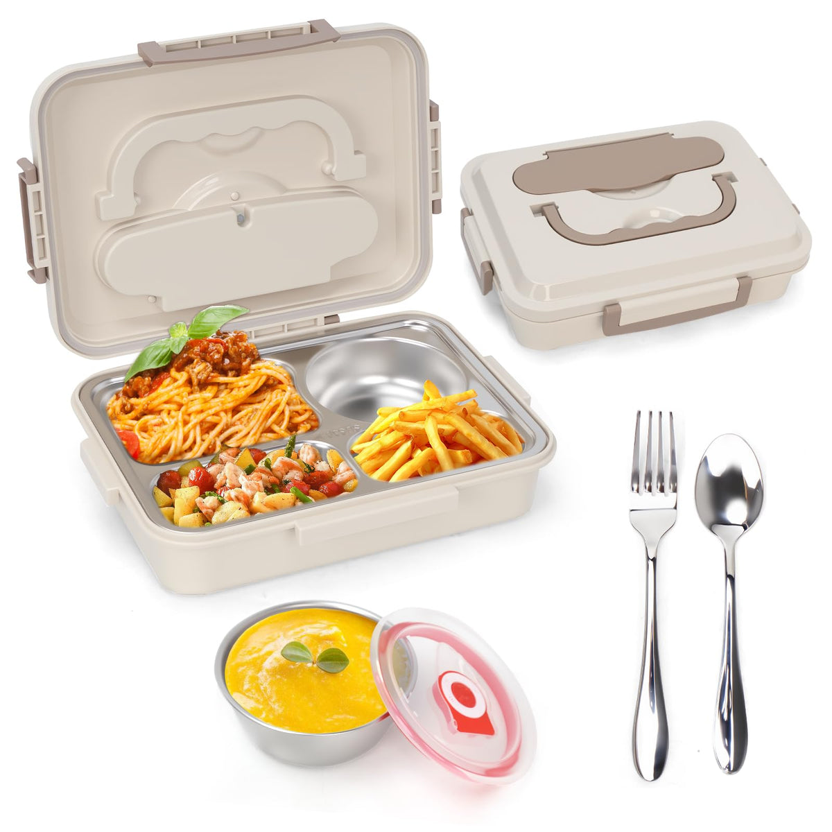 La lonchera AGNDTXR de acero inoxidable 304 con 4 compartimentos mantiene las comidas ordenadas.