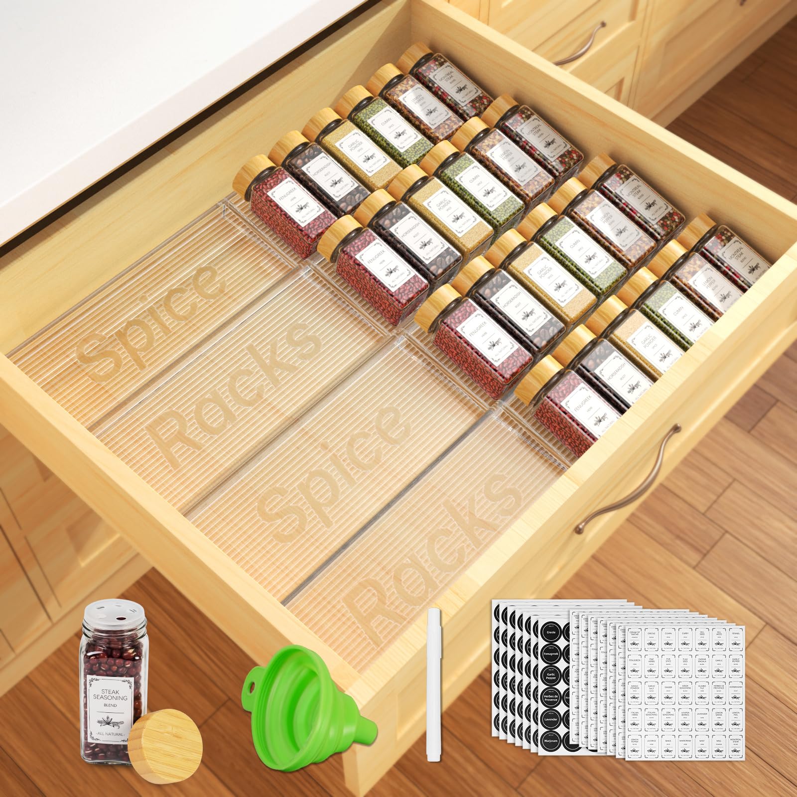 Agotglmi frascos de especias cristal en organizador de cajón para cocina ordenada.
