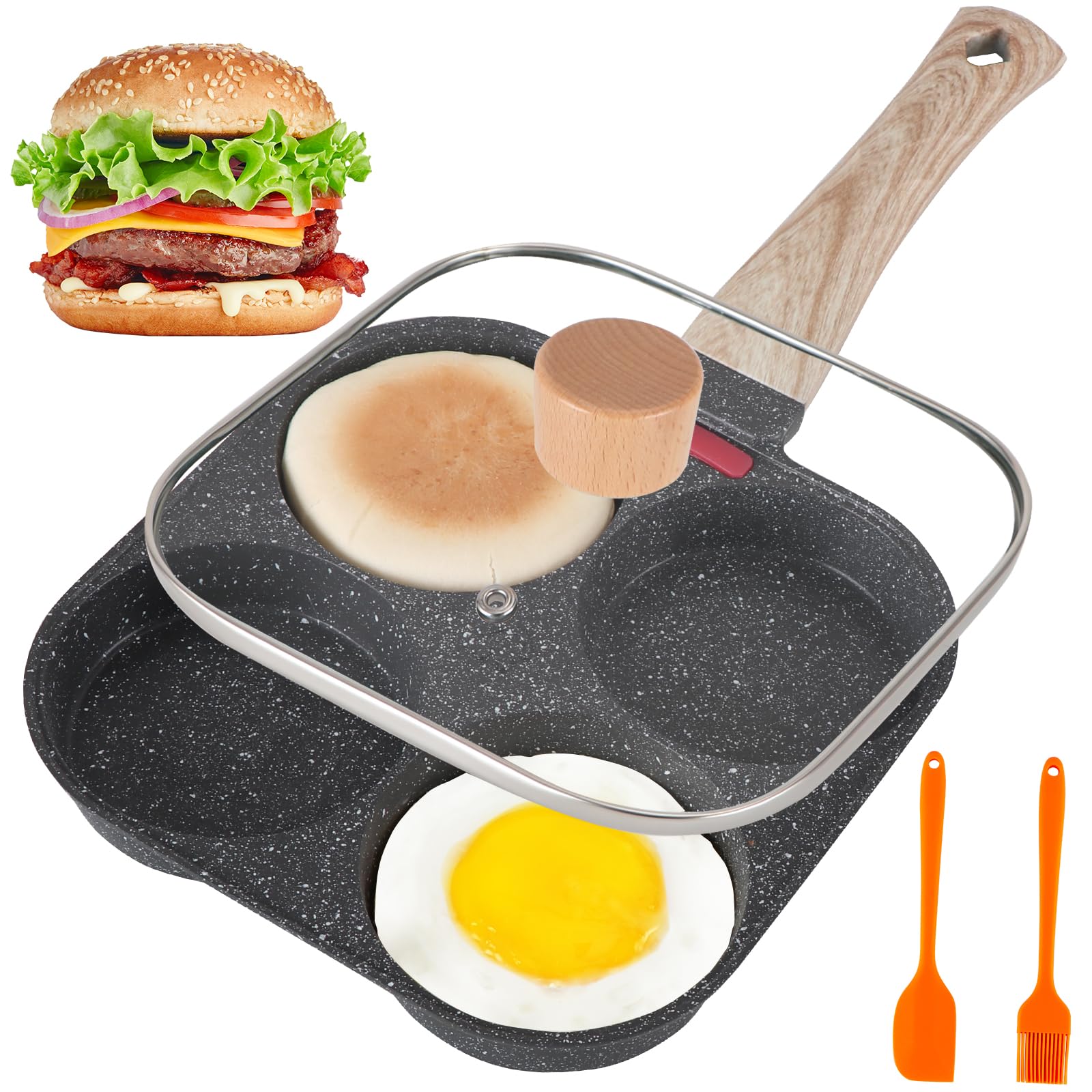 AHFLRITO sartén para huevos de 4 tazas con tapa para cocción rápida y uniforme