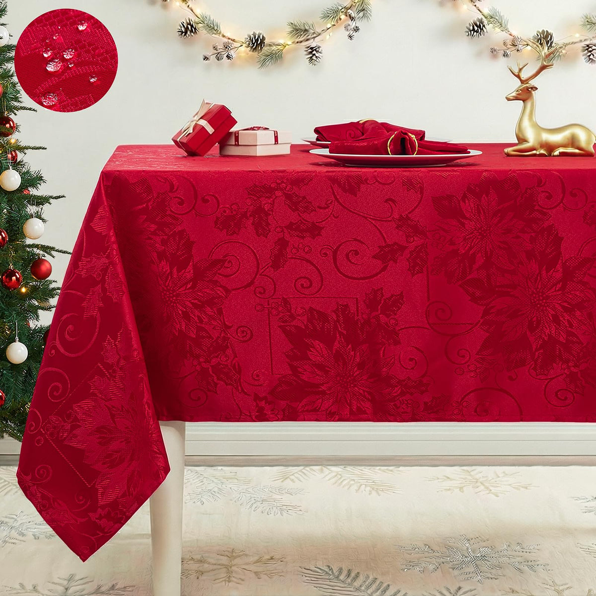 Mantel Ahomuily con motivo poinsettia jacquard, perfecto para cenas navideñas elegantes.