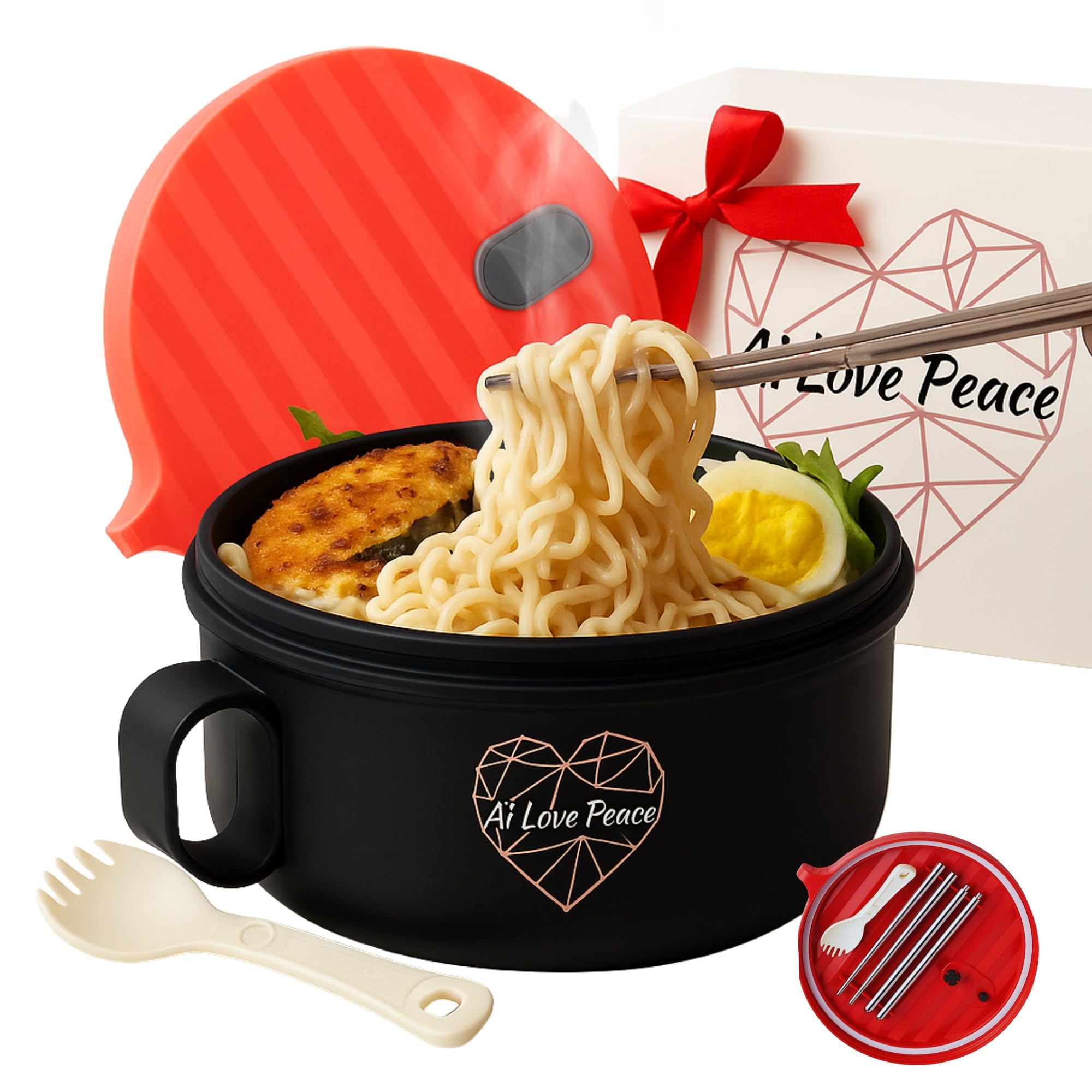 AI LOVE PEACE: cuenco ramen microondas 40oz, ideal para comidas rápidas sin desorden.