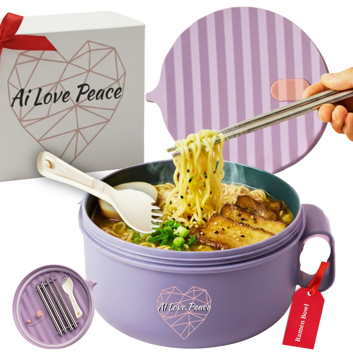 AI LOVE PEACE cuenco para ramen en microondas 40 oz, versátil para comidas rápidas