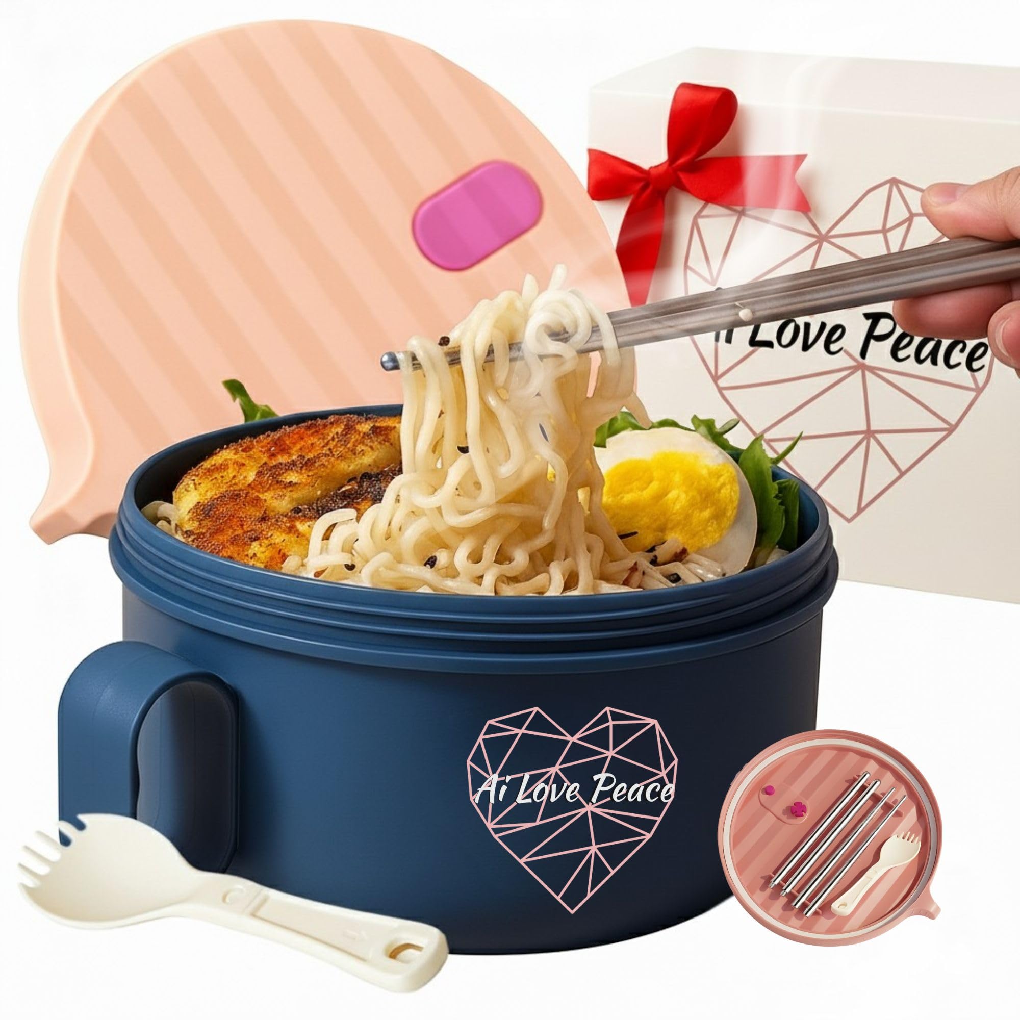 Ai Love Peace Ramen Bowl rosa, diseño ergonómico para comer con comodidad.