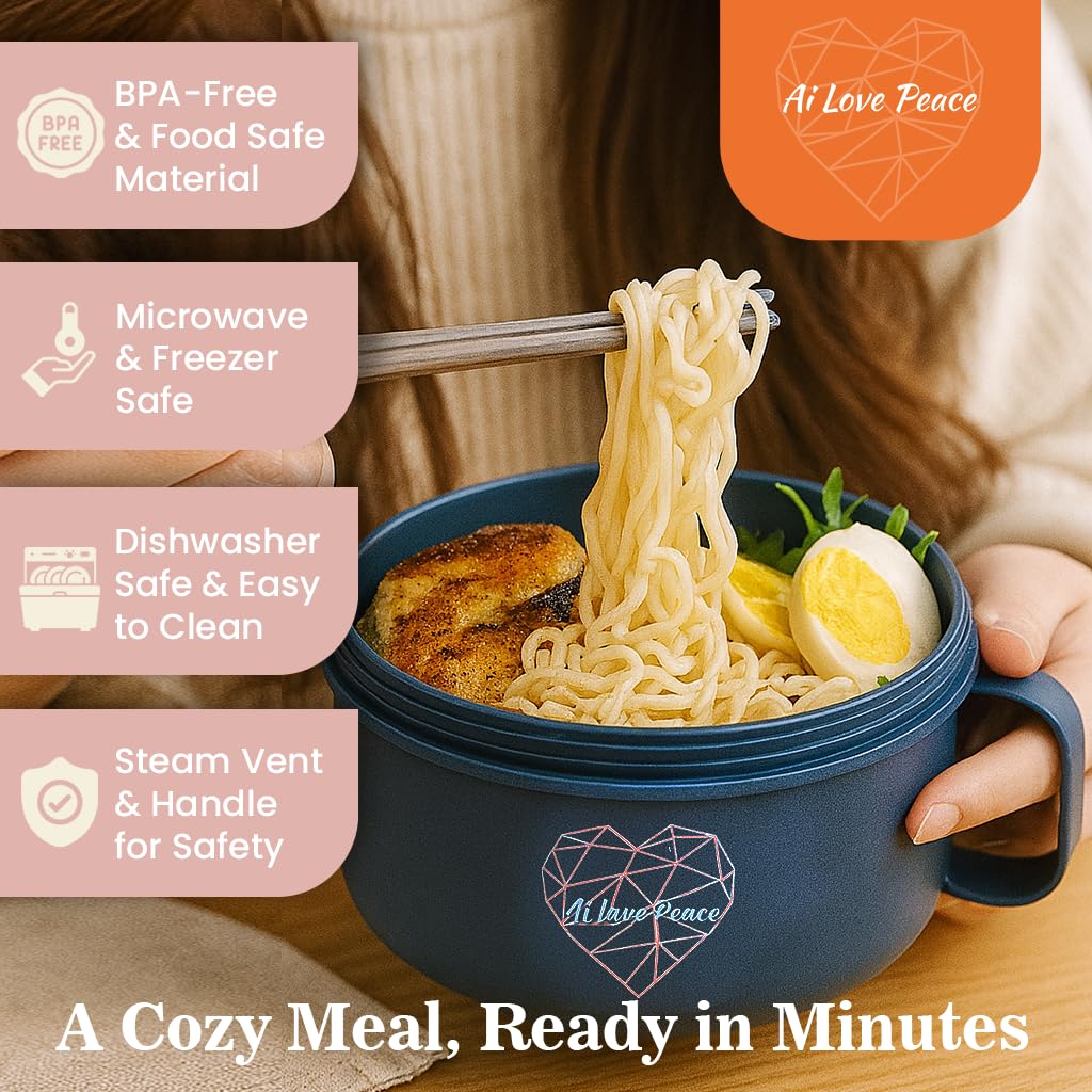 Ai Love Peace Ramen Bowl con tapa y asa integrada para transporte seguro.
