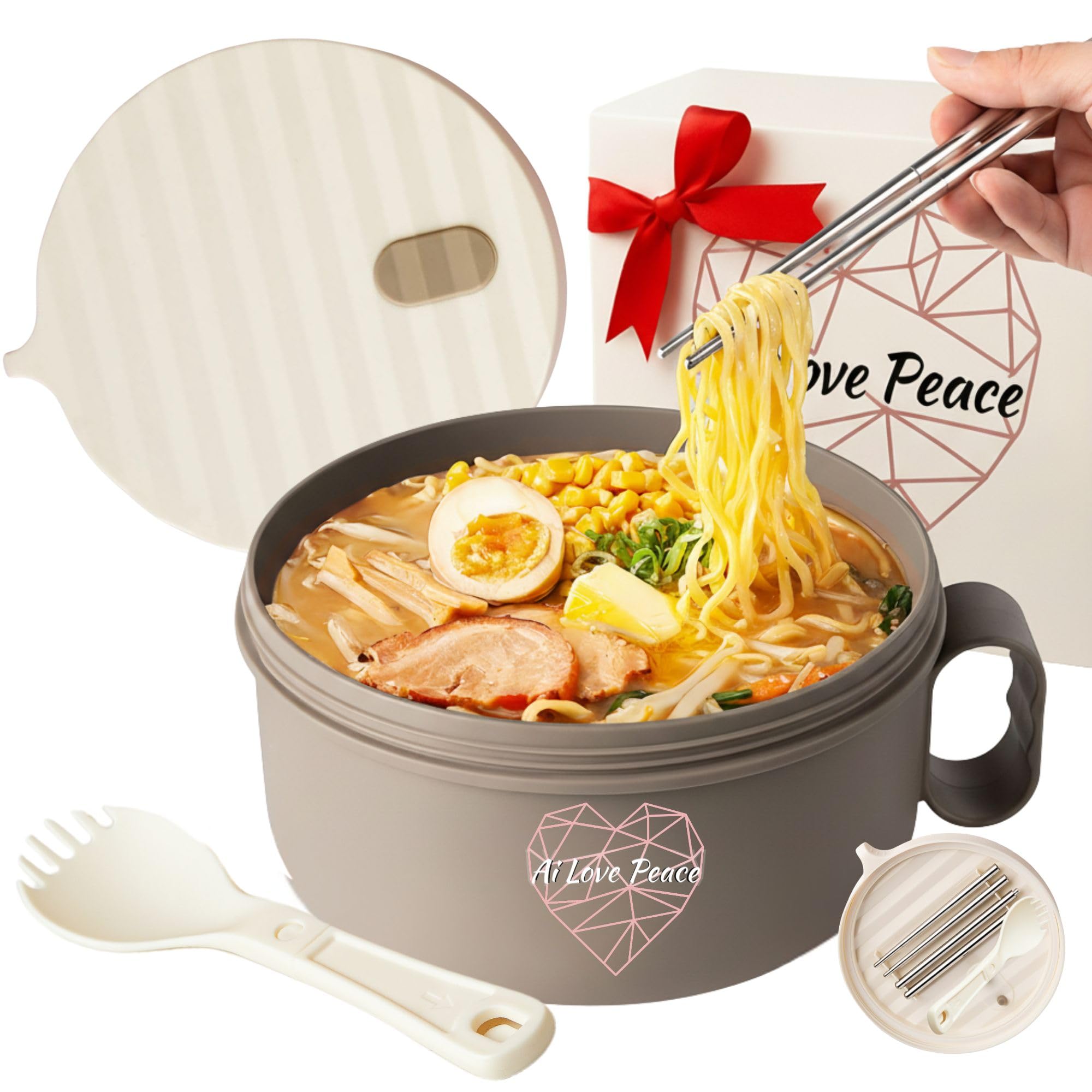 AI LOVE PEACE tazón ramen 40oz para microondas listo para cocina rápida.