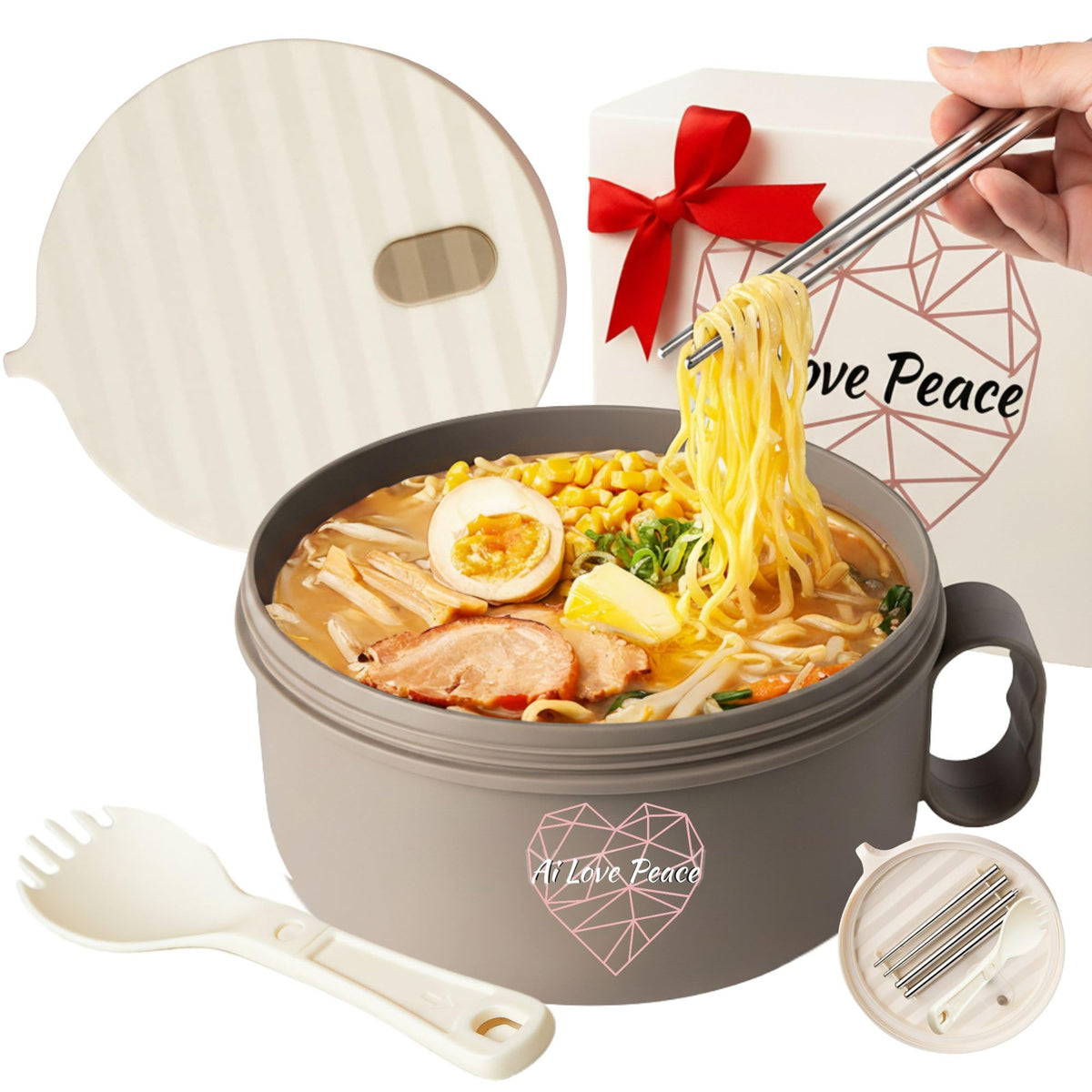 AI LOVE PEACE tazón ramen 40oz para microondas listo para cocina rápida.