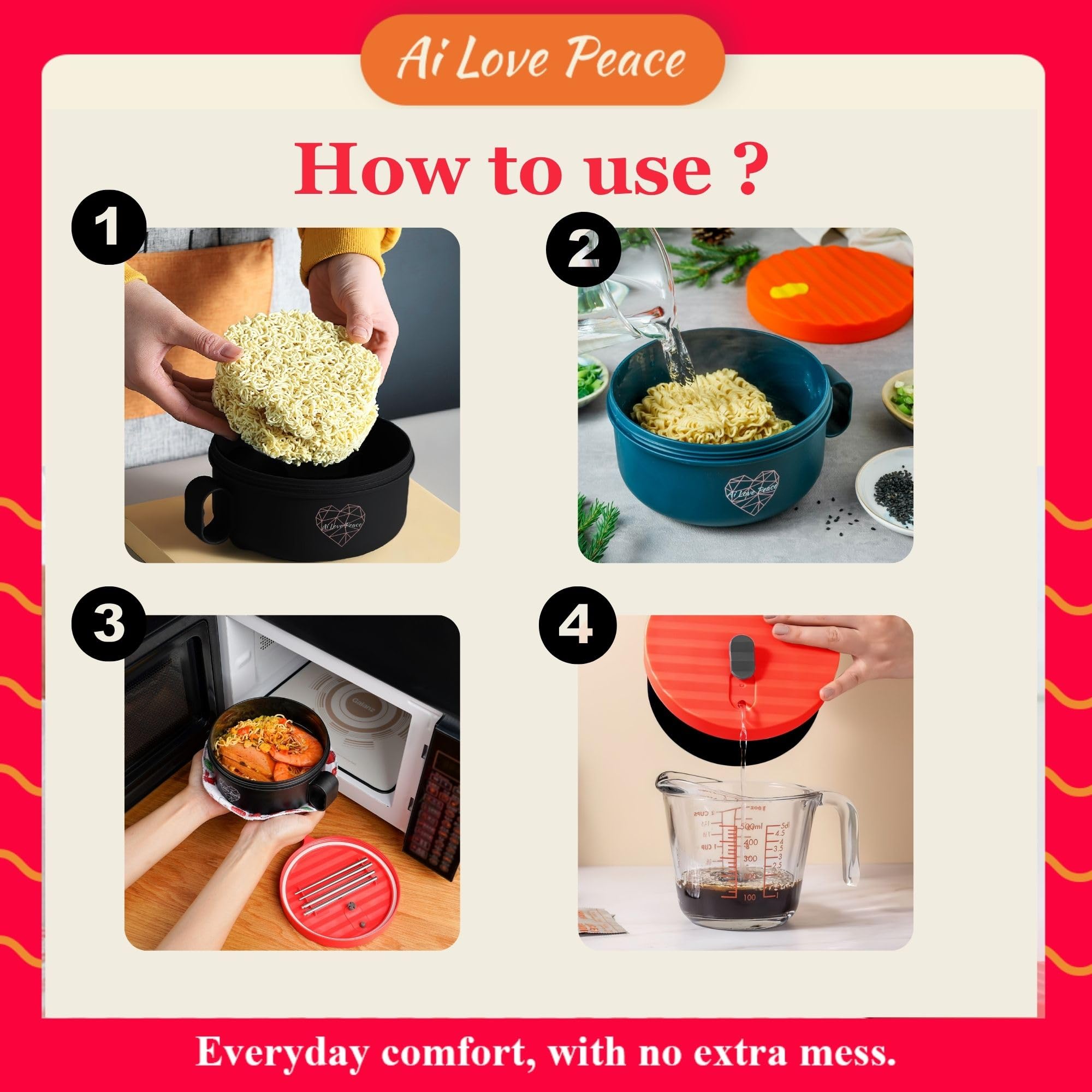 AI LOVE PEACE: uso múltiple para ramen, sopa, pasta o pho.