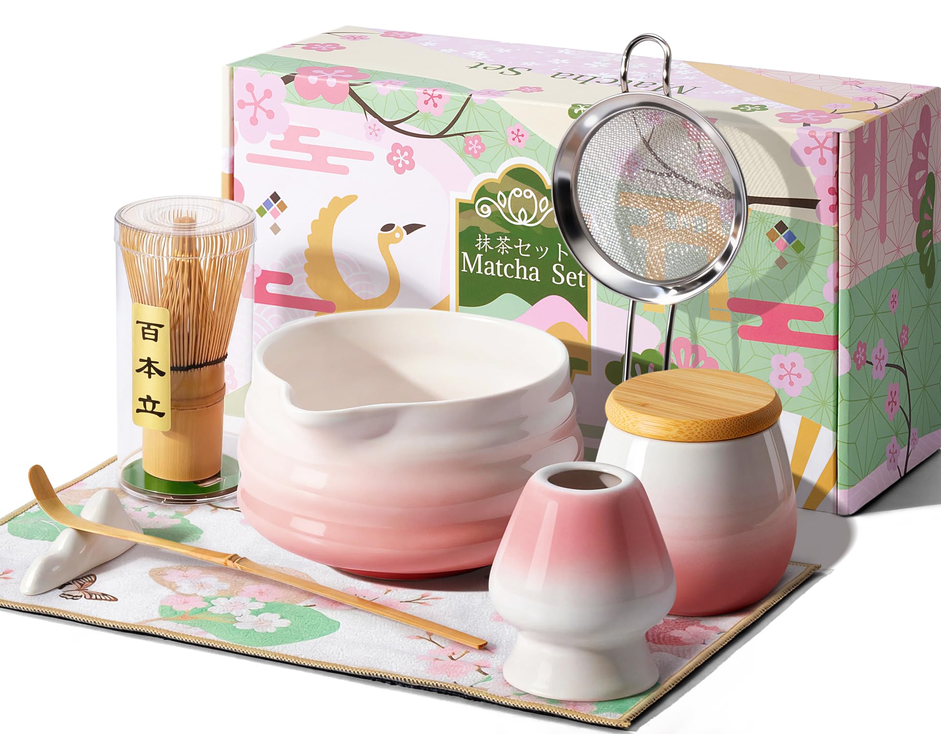 Conjunto de matcha Aibound: tazón cerámico rosado con pico para una preparación suave