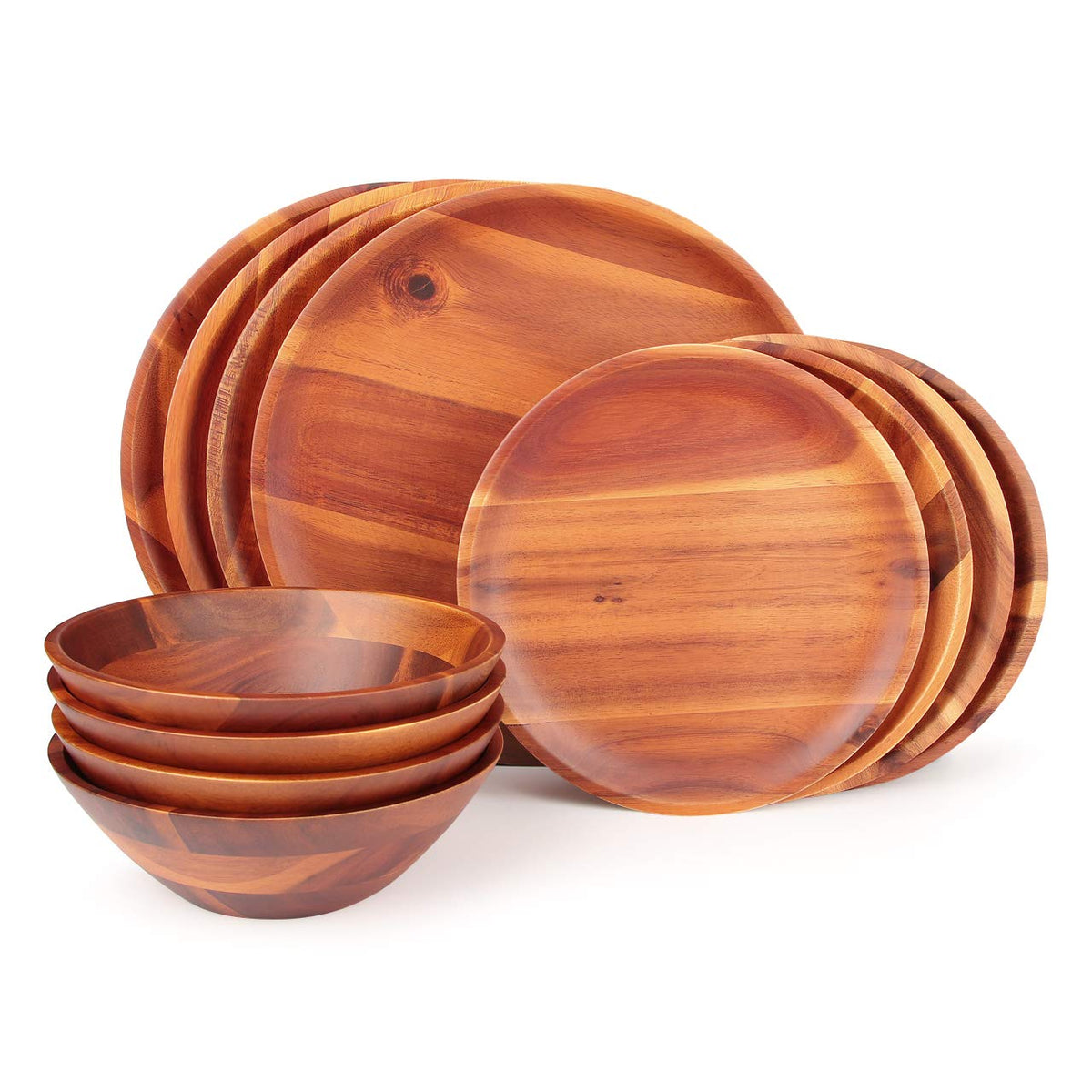 AIDEA juego vajilla de madera de acacia, vista general para cuatro comensales, acabado rústico natural.