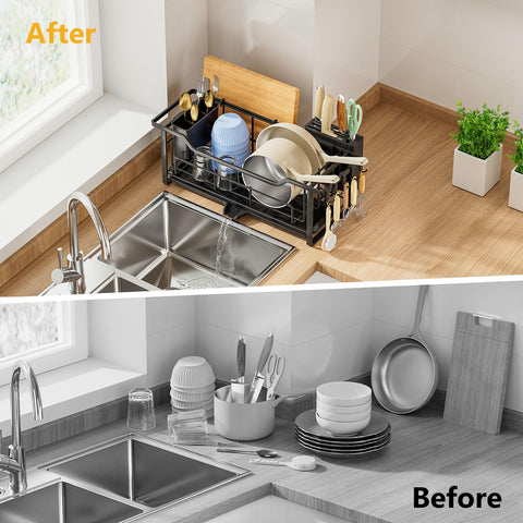 AIDERLY soporte para toallas y platos ordenados en la encimera.