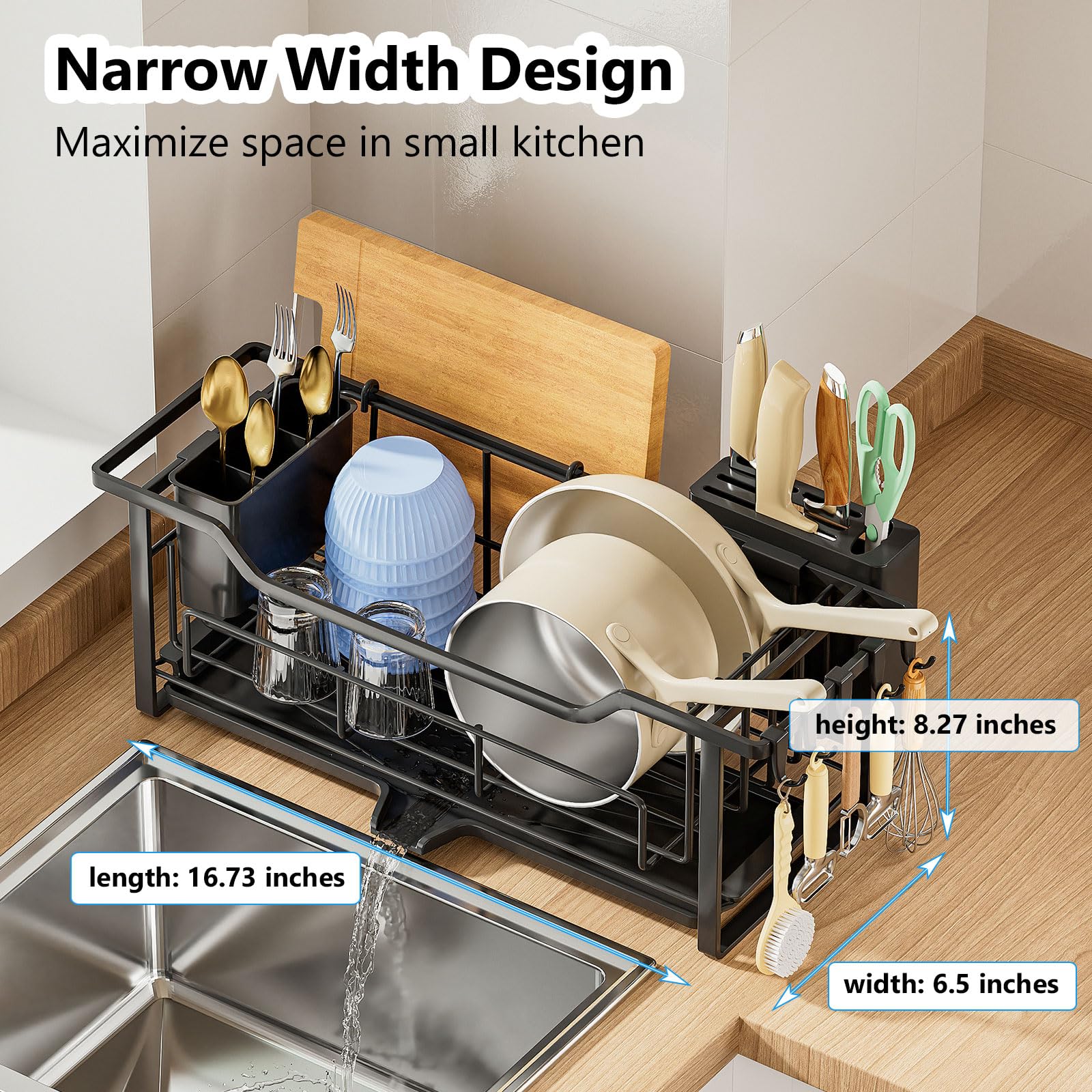AIDERLY escurridor estrecho con compartimentos para cubiertos y utensilios.