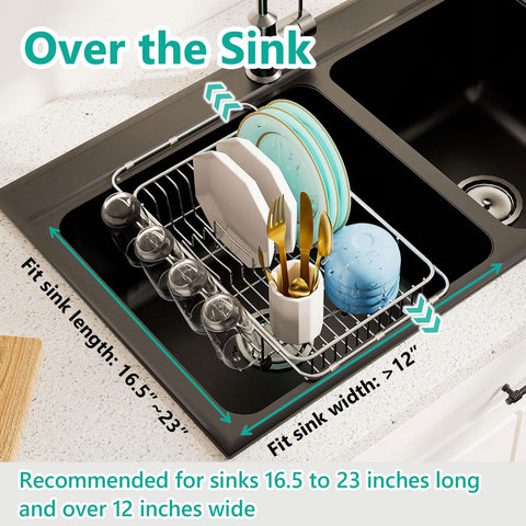 AIDERLY escurridor de platos extensible con 4 portavasos: mantiene utensilios secos a mano.