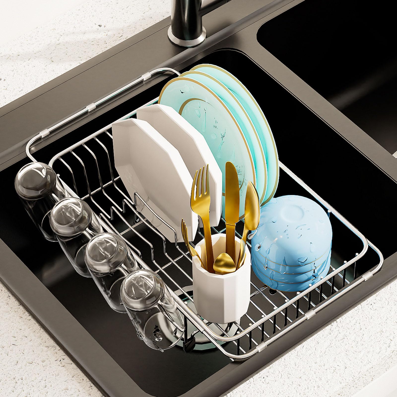 AIDERLY escurridor de platos extensible en acero inoxidable para fregadero, reduce desorden en encimera.