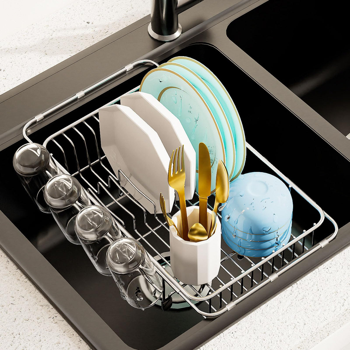 AIDERLY escurridor de platos extensible en acero inoxidable para fregadero, reduce desorden en encimera.