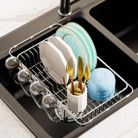 AIDERLY escurridor de platos extensible en acero inoxidable para fregadero, reduce desorden en encimera.
