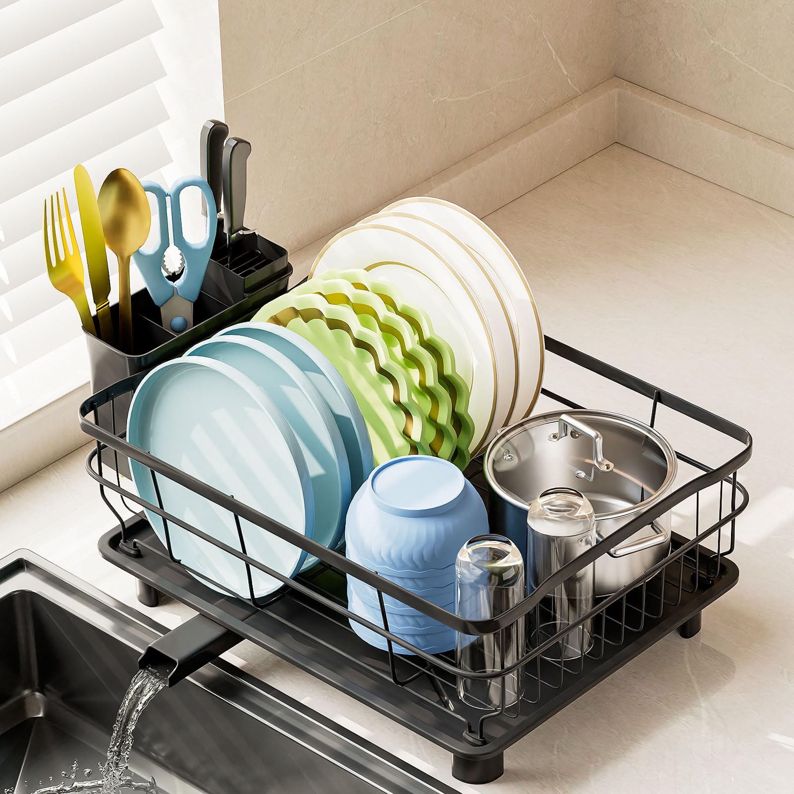 AIDERLY escurridor de platos de hierro con drenaje automático para encimera.