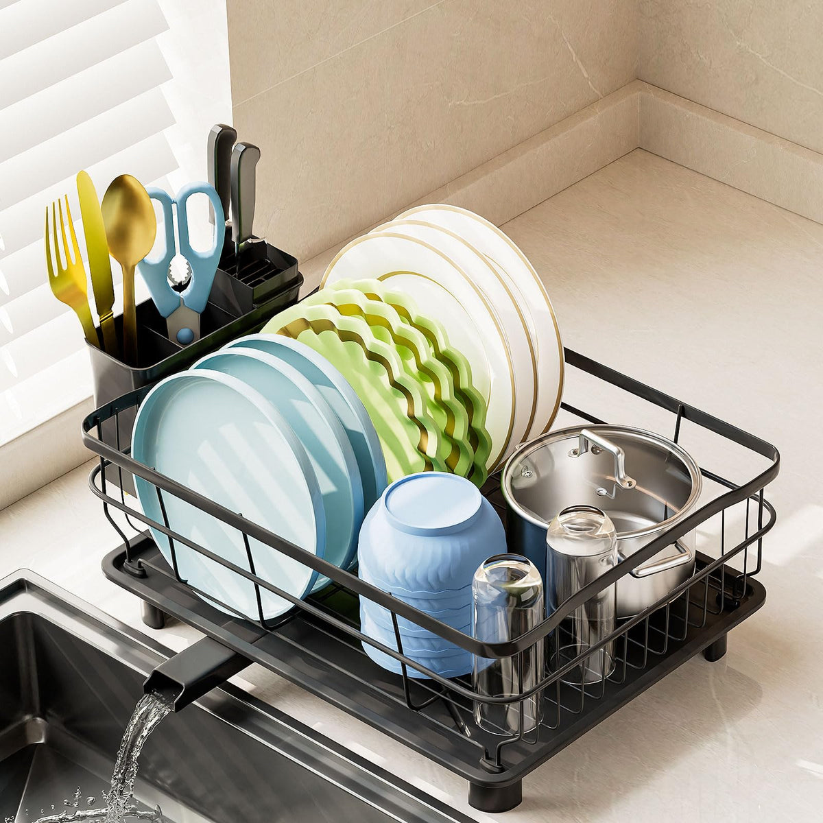 AIDERLY escurridor de platos de hierro con drenaje automático para encimera.