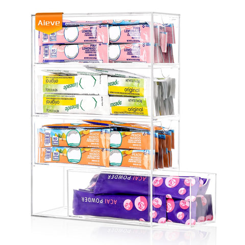 AIEVE organizador de sobres de bebidas con cuatro cajones transparentes para acceso rápido